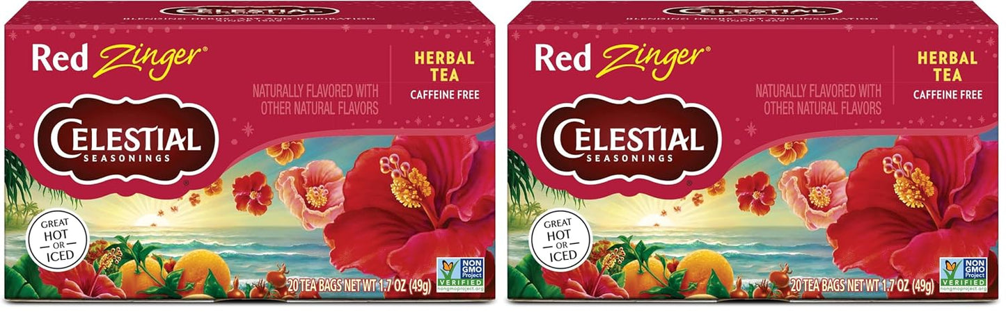 Celestial Seasonings Hibiscus Tea, Red Zinger Herbal Tea, Caffeine Free, 20 Tea Bags