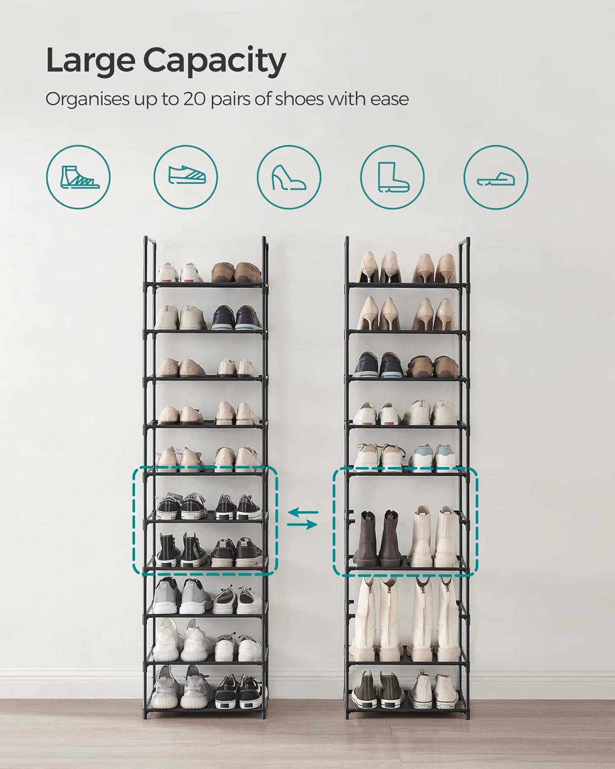 SONGMICS Shoe Rack, 10-Tier Shoe Shelf, Shoe Storage Organizer, 11 x 17.7 x 68 Inches, Metal Frame, Non-Woven Fabric Shelves, for Entryway, Bedroom, Black ULSH010B02
