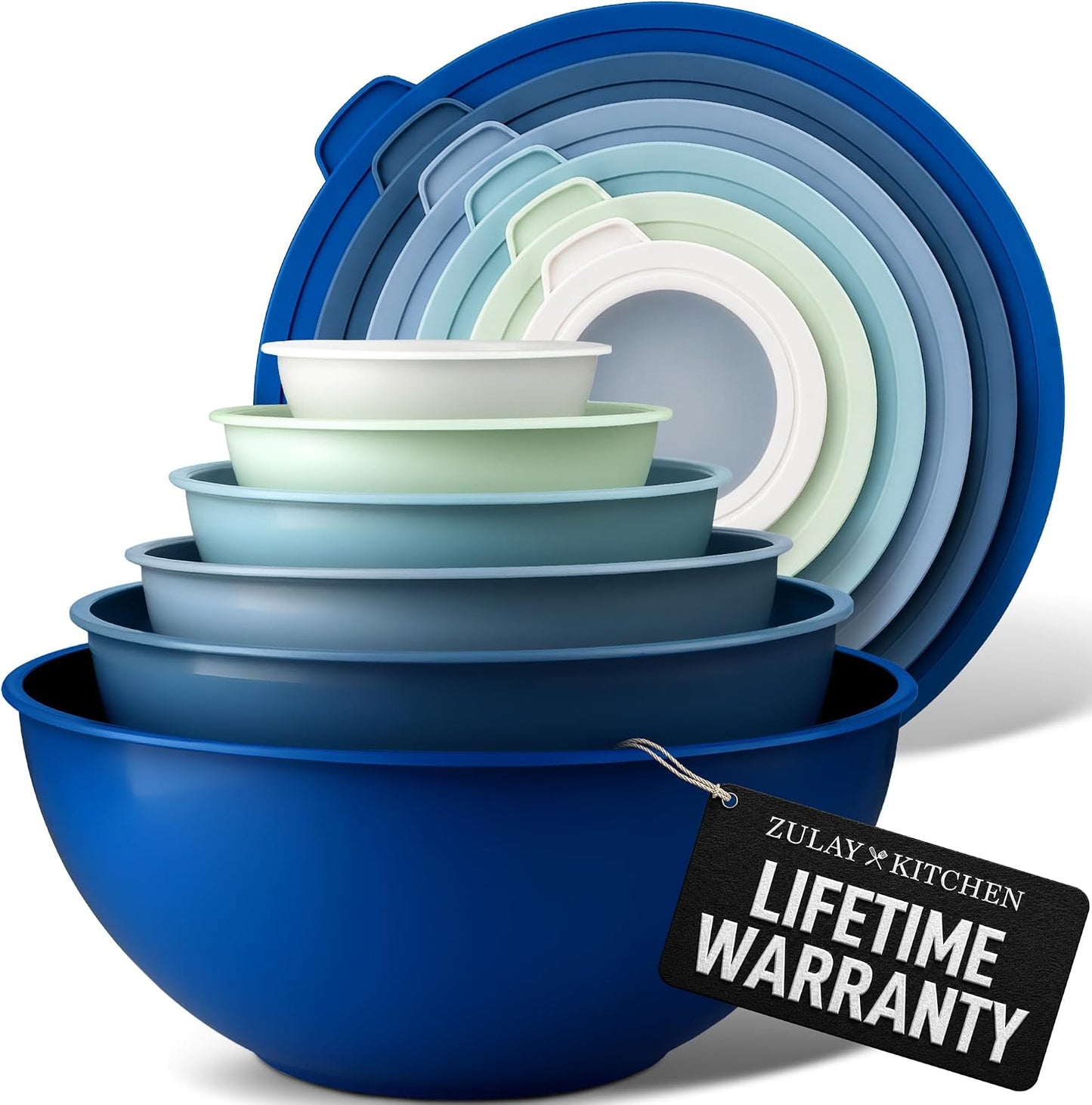 Zulay Kitchen 12 Piece Plastic Mixing Bowls with Lids Set - Leak-Proof Microwave & Freezer Safe Stackable Mixing Bowl Set for Preparing, Serving and Storing - Non-Slip Large Nesting Bowls (Blue Ombre)