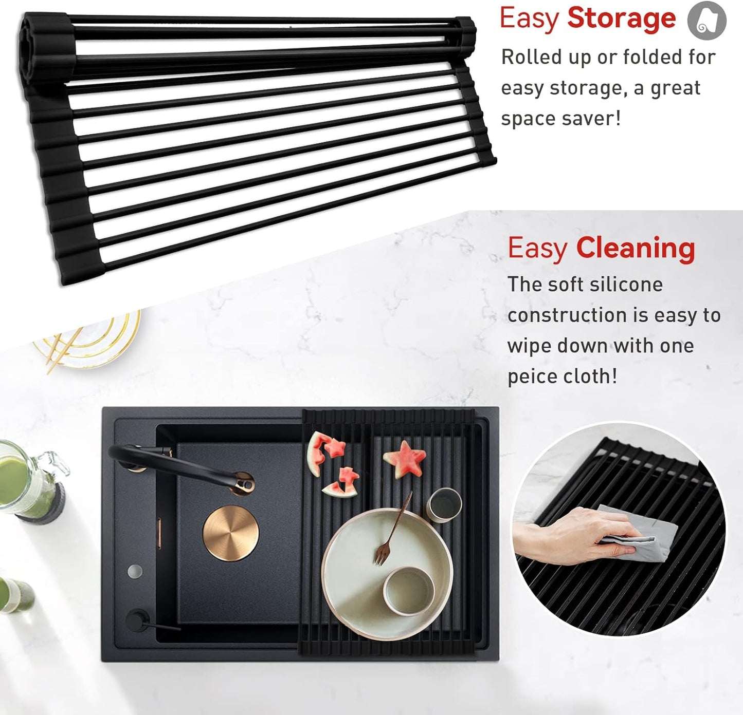 MERRYBOX Roll Up Dish Drying Rack Silicone Wrapped Over The Sink Dish Drying Rack Multipurpose Foldable Sink Drying Mat Anti-Slip & Anti-Rust Dish Rack for Kitchen, 17.5" x 13", Black