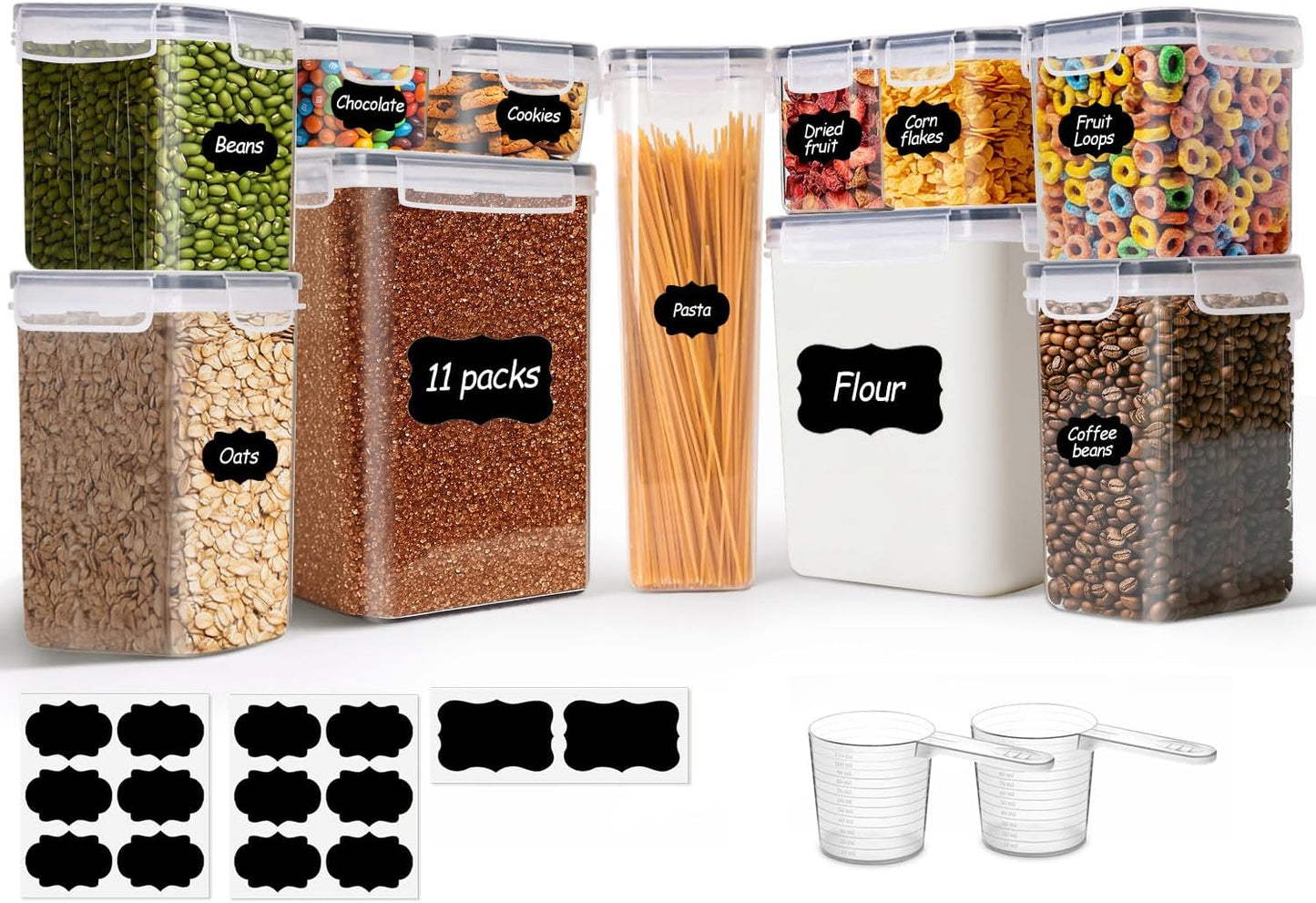 ComSaf Airtight Flour and Sugar Container 2.6Qt & 5.5Qt 3Pack, Wide Mouth | Plastic Food Storage Canister with Lid, Flour Sugar Cereal Rice Oats, Pantry Kitchen, Stackable Baking Supplies, Label, Scoop