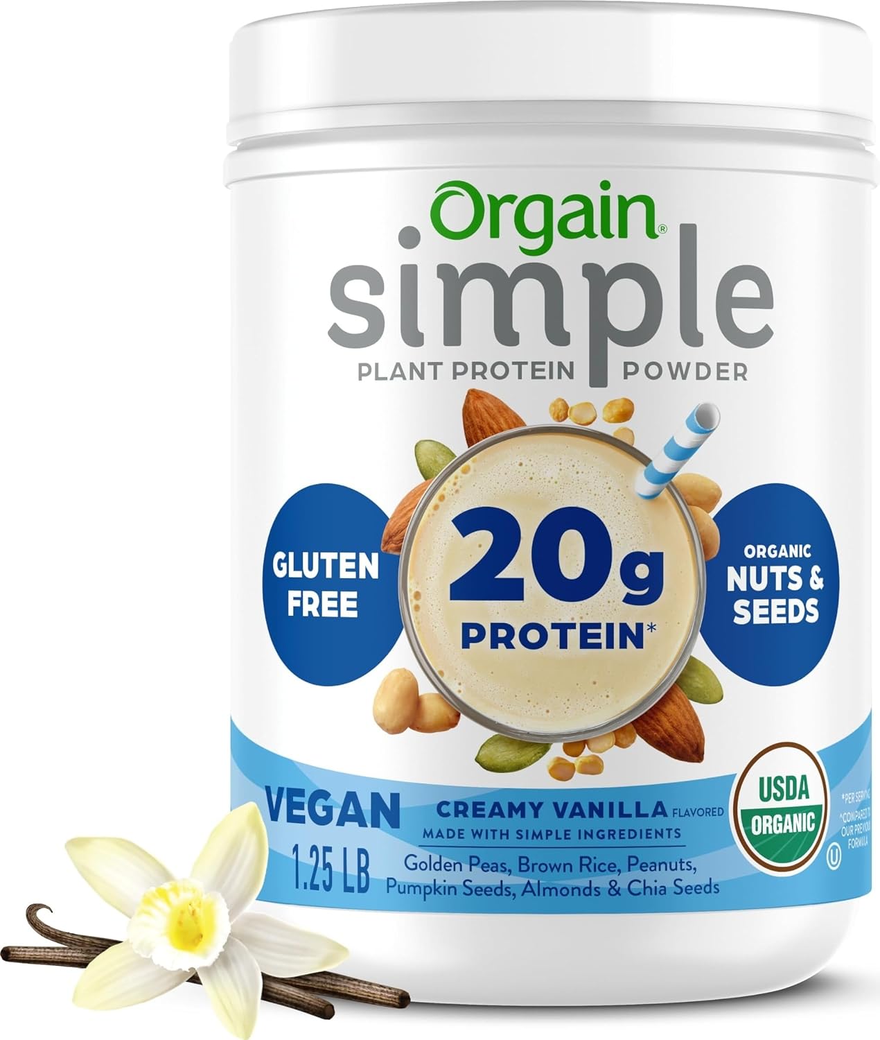 Orgain Organic Simple Vegan Protein Powder, Chocolate - 20g Plant Based Protein, Made with less Ingredients, No Artificial Sweeteners, Gluten Free, No Dairy or Lactose, 1.25 lb (Packaging May Vary)