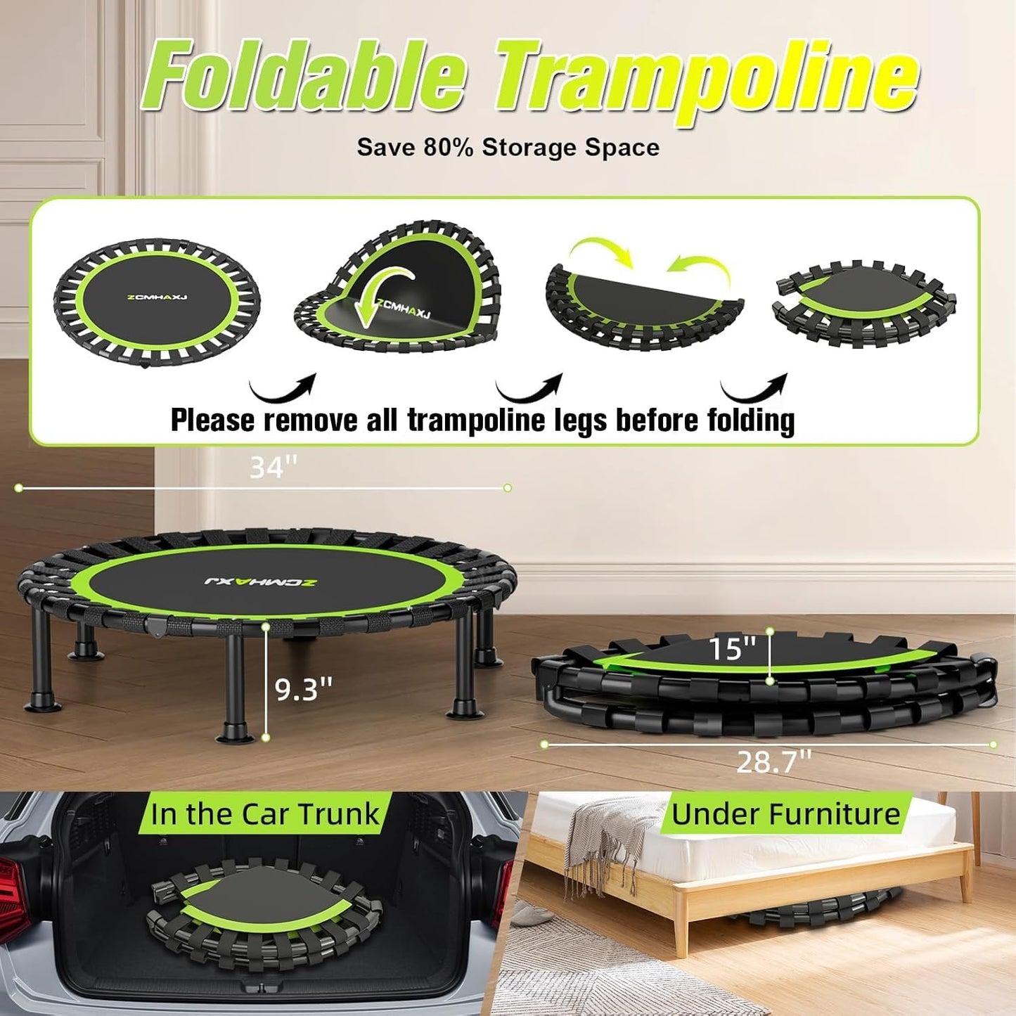 ZCMHAXJ 36/40/48" Foldable Mini Trampoline, 440lbs Capacity, Indoor Fitness Workout Equipment