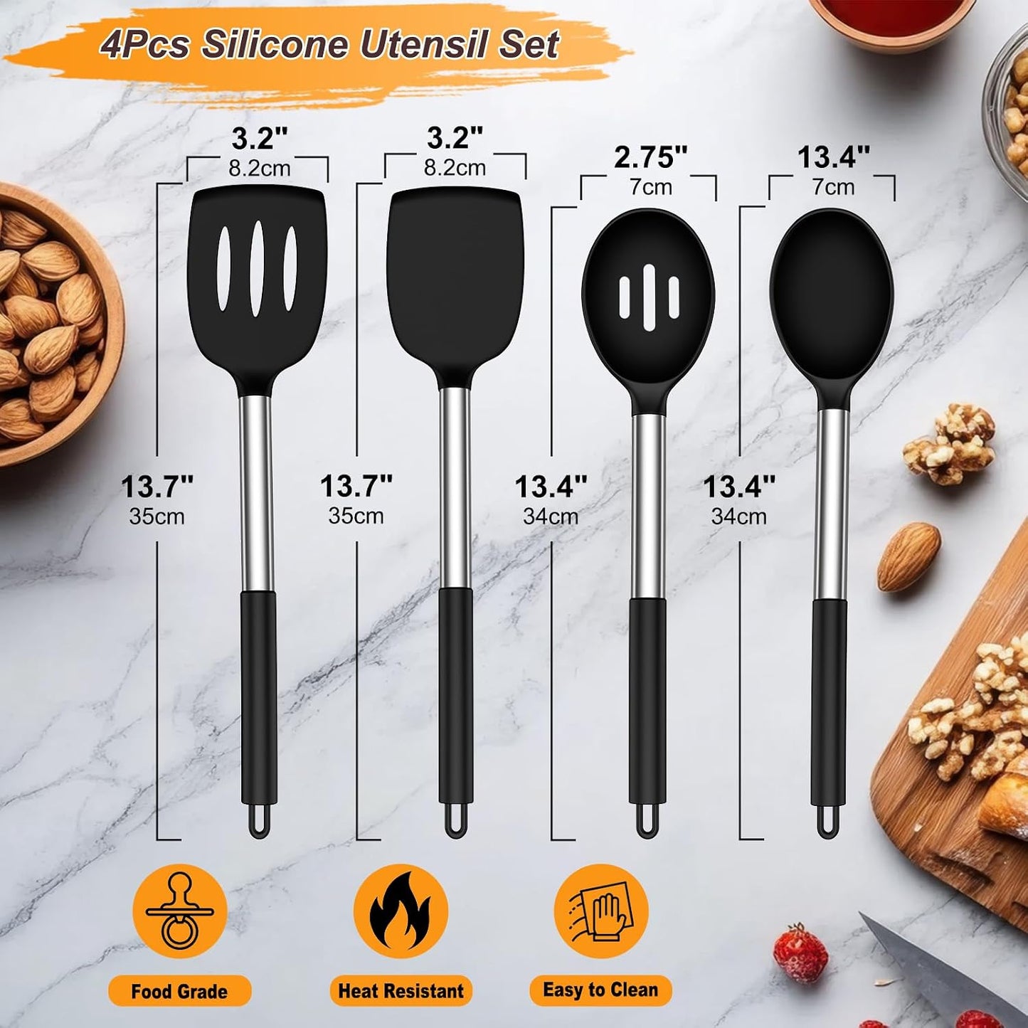 Yoehka Silicone Cooking Utensils Set, 4Pcs Spatula and Spoon Set, Black | For Non-stick Cookware, Heat Resistant 446°F (232°C), Stainless Steel Handle, Food Grade