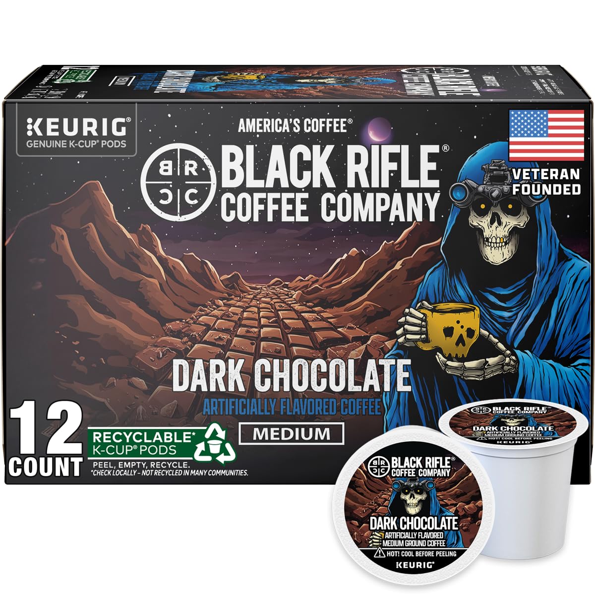 Black Rifle Coffee Company Dark Chocolate K-Cups, Rounds 12-count– Rich Dark Chocolate Favor Blended with Bold Roast in Convenient Pods