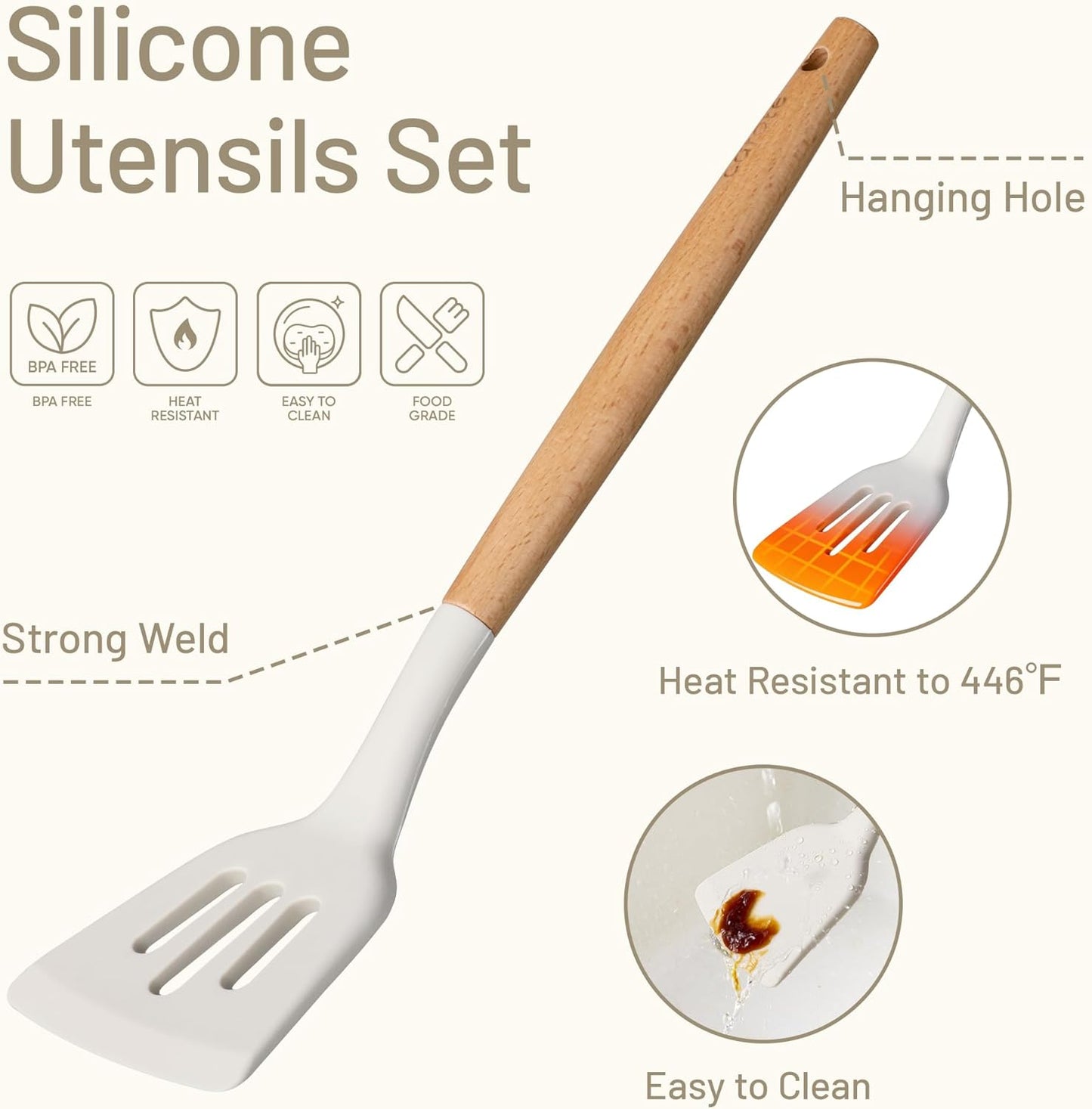 CAROTE 10-Piece Kitchen Utensils Set with Wood Cool-Touch Handles, Cream | Silicone Cooking Utensil, Food Grade, Nonstick Cookware Friendly, BPA-Free, Heat-Resistant, Everyday Home Essentials, Gifts