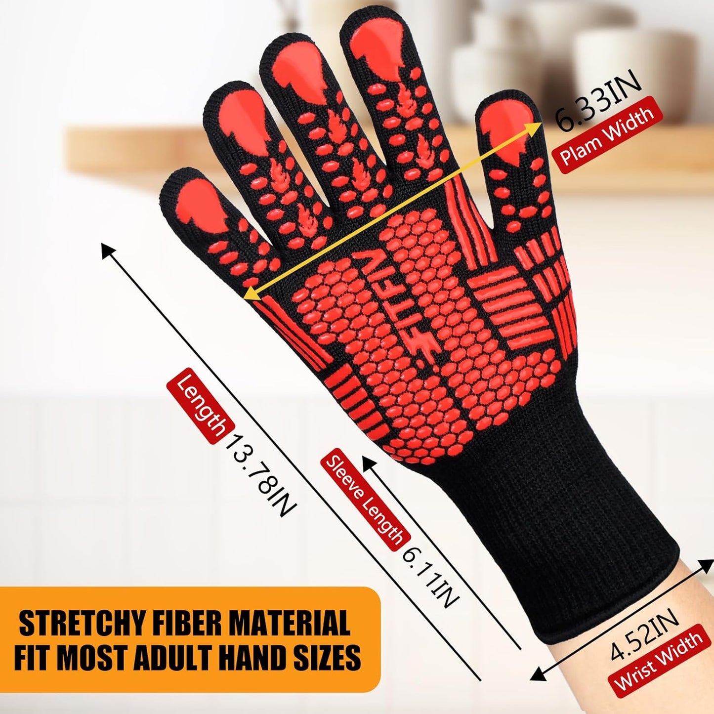BBQ Gloves, Oven Gloves, 1472°F Extreme Heat Resistant Barbecue Gloves, Silicone Non-Slip Oven Mitts, Kitchen for Cooking, Grilling, and Baking