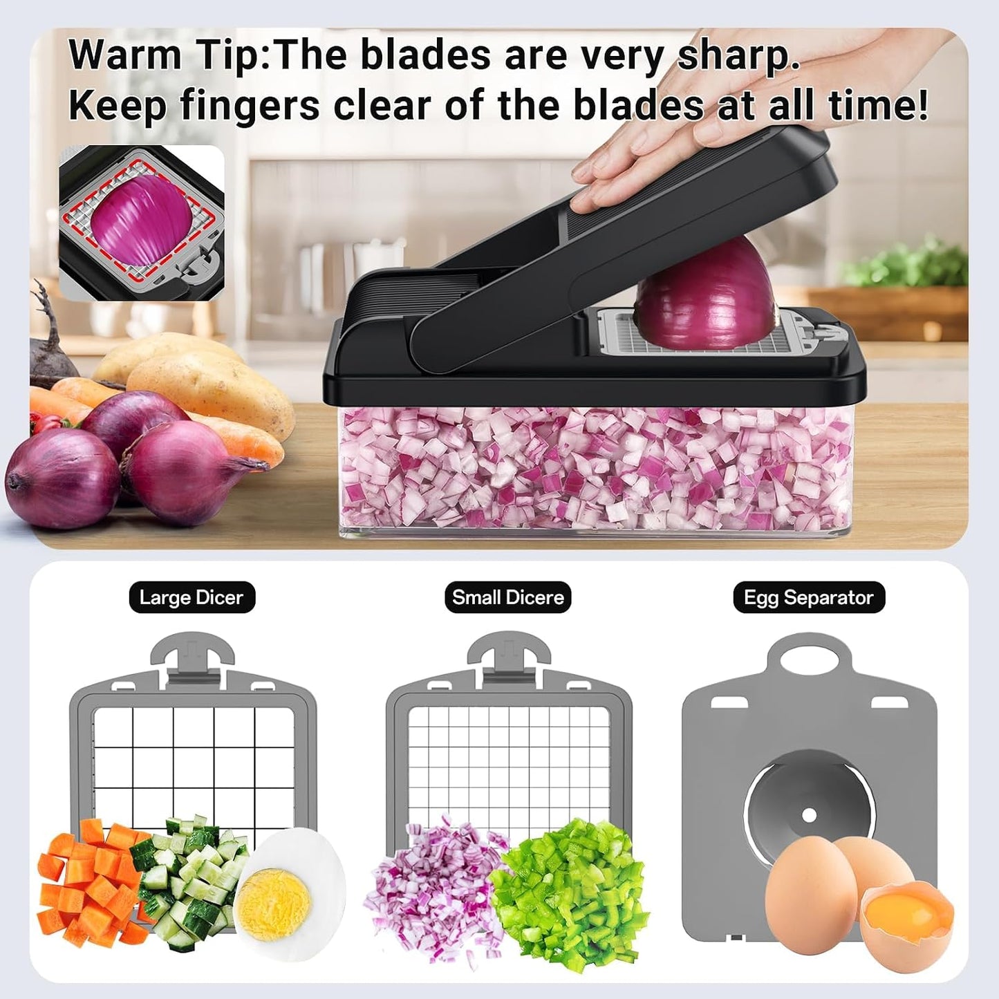 12-in-1 Vegetable Chopper with 7 Blades, Food Veggie Cutter, Mandoline Gray | Includes Egg Separator, Food Container and Finger Guard, Non-slip Base, for Chopping, Slicing, Shredding, and Mincing