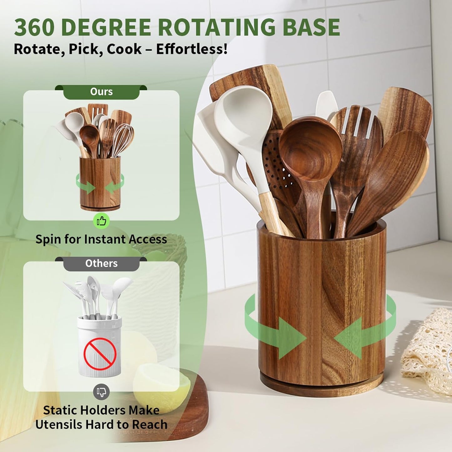 Acacia Wood Utensil Holder, 360° Rotating 7.3 in Kitchen Organizer | Rustic farmhouse countertop decor. Rotating base for easy access to spatulas, spoons, and cooking utensils. 7.3-inch capacity