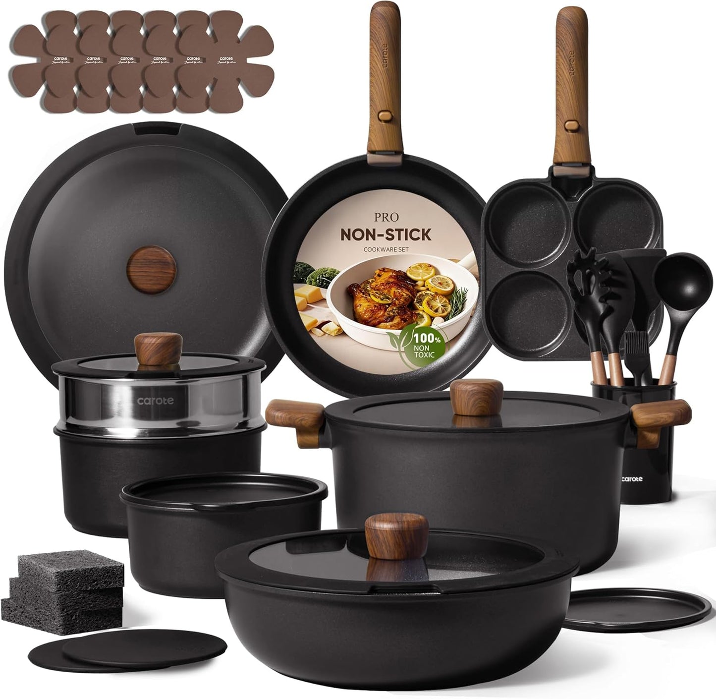 CAROTE 19pcs Pots and Pans Set Non Stick, Detachable Handle Cookware Set | Induction Compatible, Dishwasher & Oven Safe, Space Saving, for Camping/RV/Traveling, Kitchen Cooking Set, Black