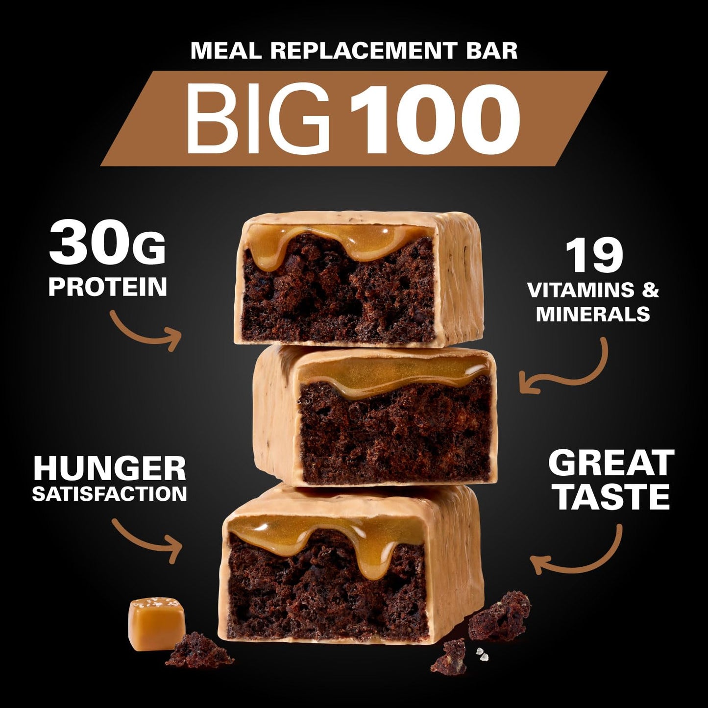 MET-Rx Big 100 Protein Bar, 30G Protein, 9 Count, 3.52 Oz, Salted Caramel Brownie Crunch