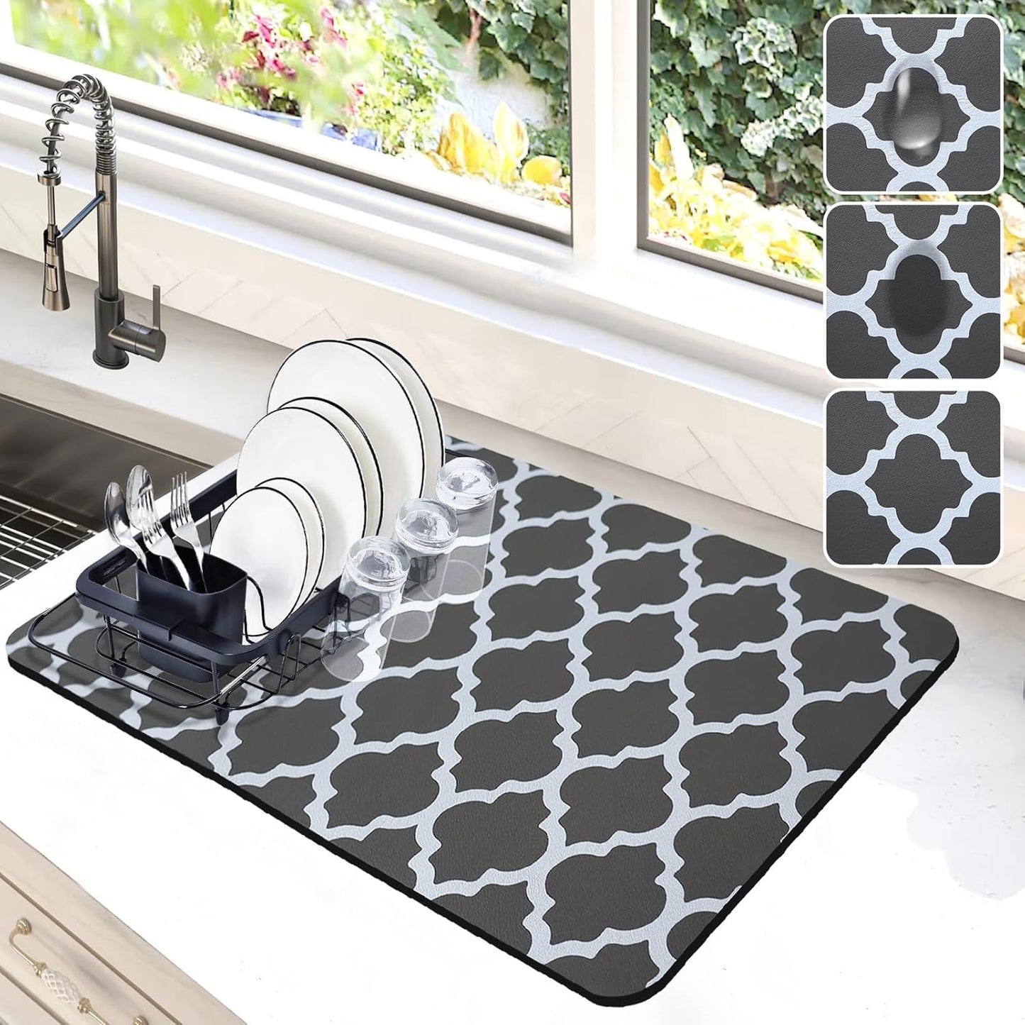 Dish Drying Mat for Kitchen Counter, 12"x19" Pad with Rubber Backed (Grey) | Hide Stain Anti Absorbent for Kitchen Counter, Non-slip Drying Mat for Coffee Machine Dish Rack