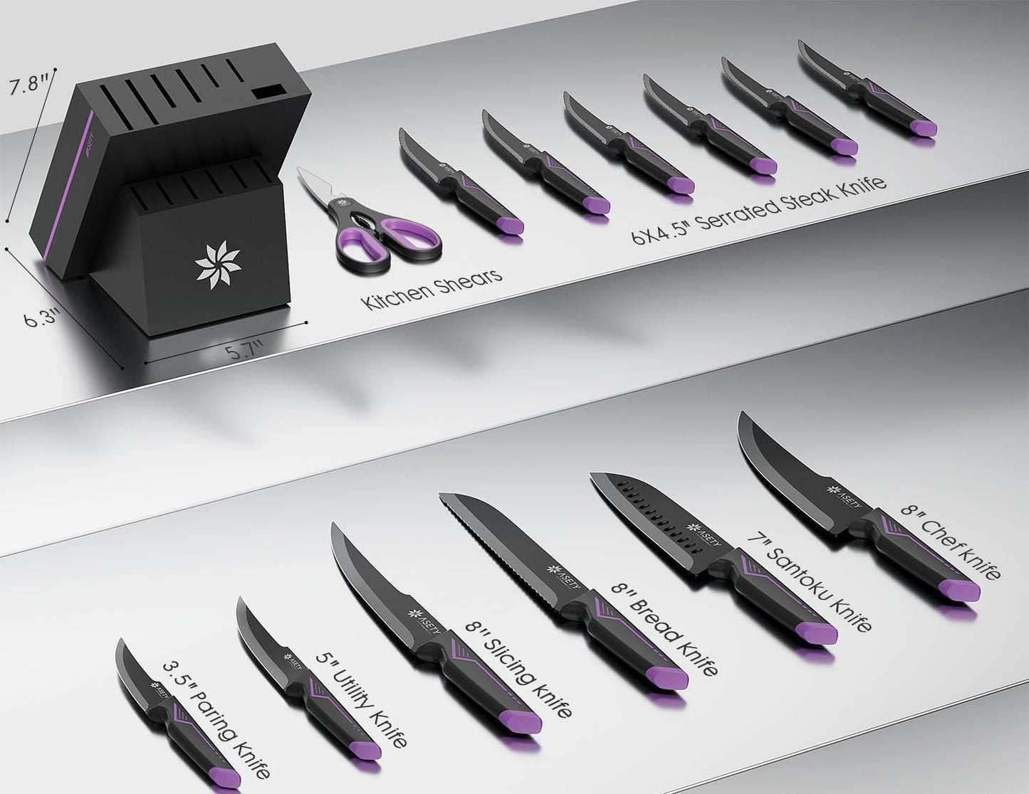 ASETY Knife Set, 15 PCS Kitchen Knife Set with Built-in Sharpener Block | Razor Sharp, Dishwasher Safe knives, Stainless Steel Knife Block Set, Ergonomic Non-Slip Handle, Elegant Box for Men Women