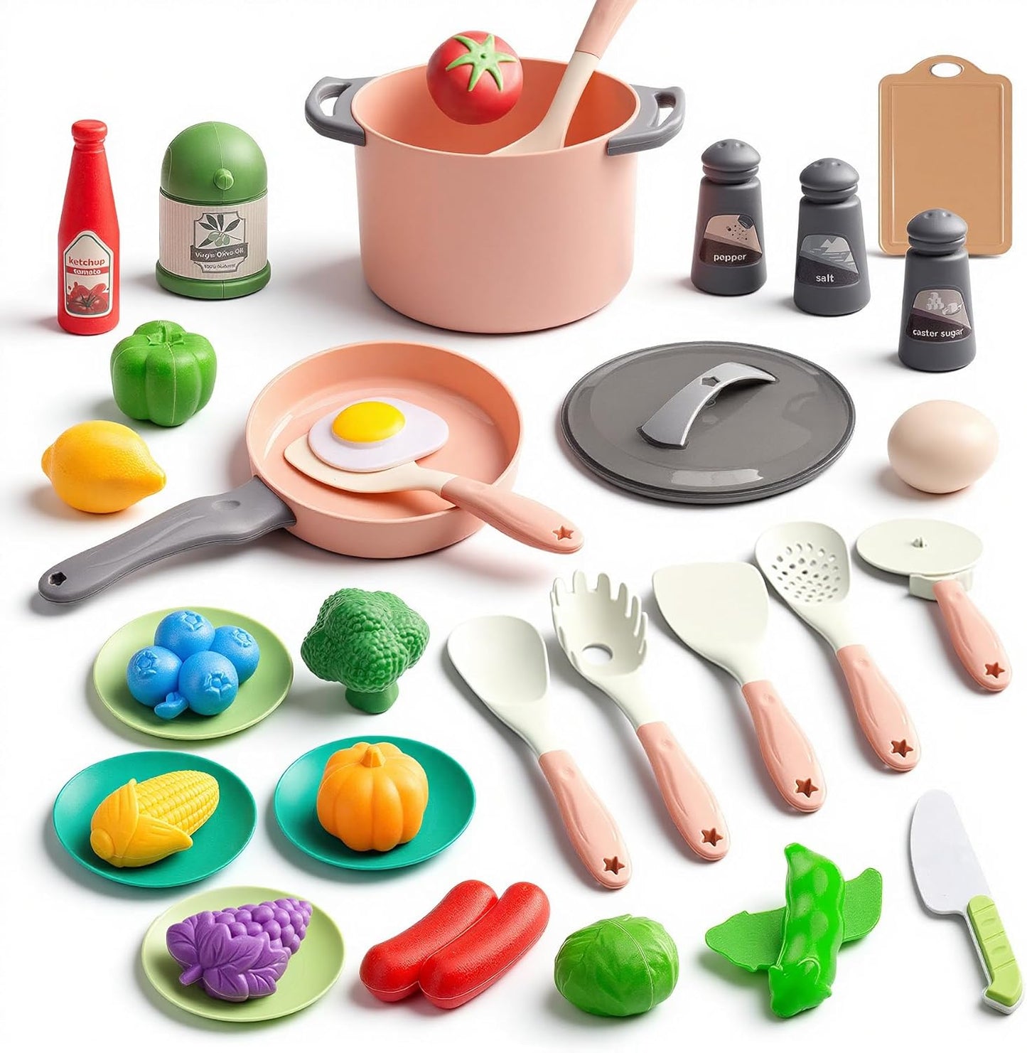 35Pcs Kids Kitchen Toy Accessories, Toddler Pretend Cooking Playset with Play Pots, Pans, Utensils, Cookware, Play Food Set, Toy Vegetables, Learning Gift for Girls & Boys (Pink)