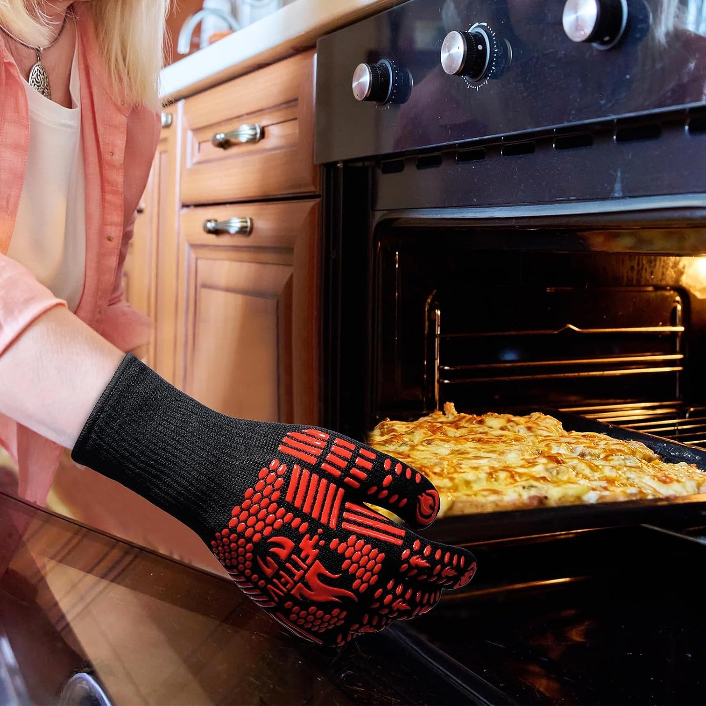 BBQ Gloves, Oven Gloves, 1472°F Extreme Heat Resistant Barbecue Gloves, Silicone Non-Slip Oven Mitts, Kitchen for Cooking, Grilling, and Baking