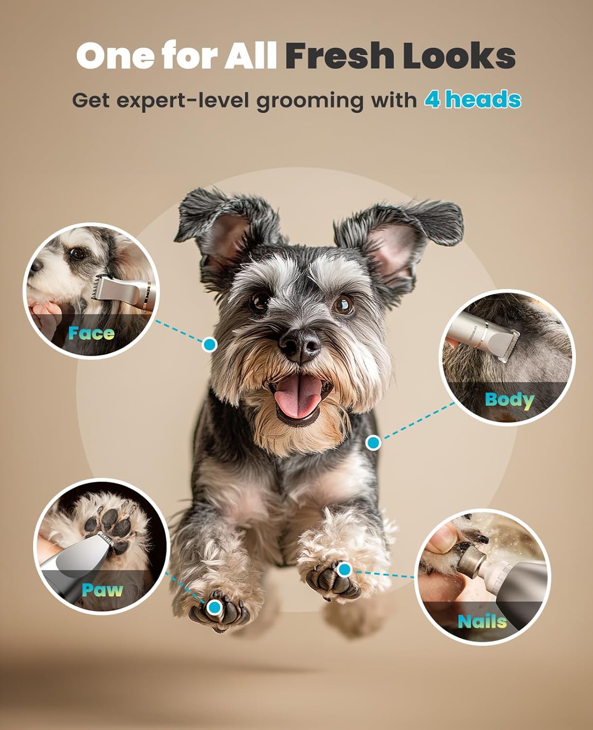 oneisall 4 in 1 Dog Grooming Kit with LCD Display, Dog Hair Trimmer for Paw Nail Grinder, Rechargeable Cordless Low Noise IPX7 Waterproof Pet Clippers