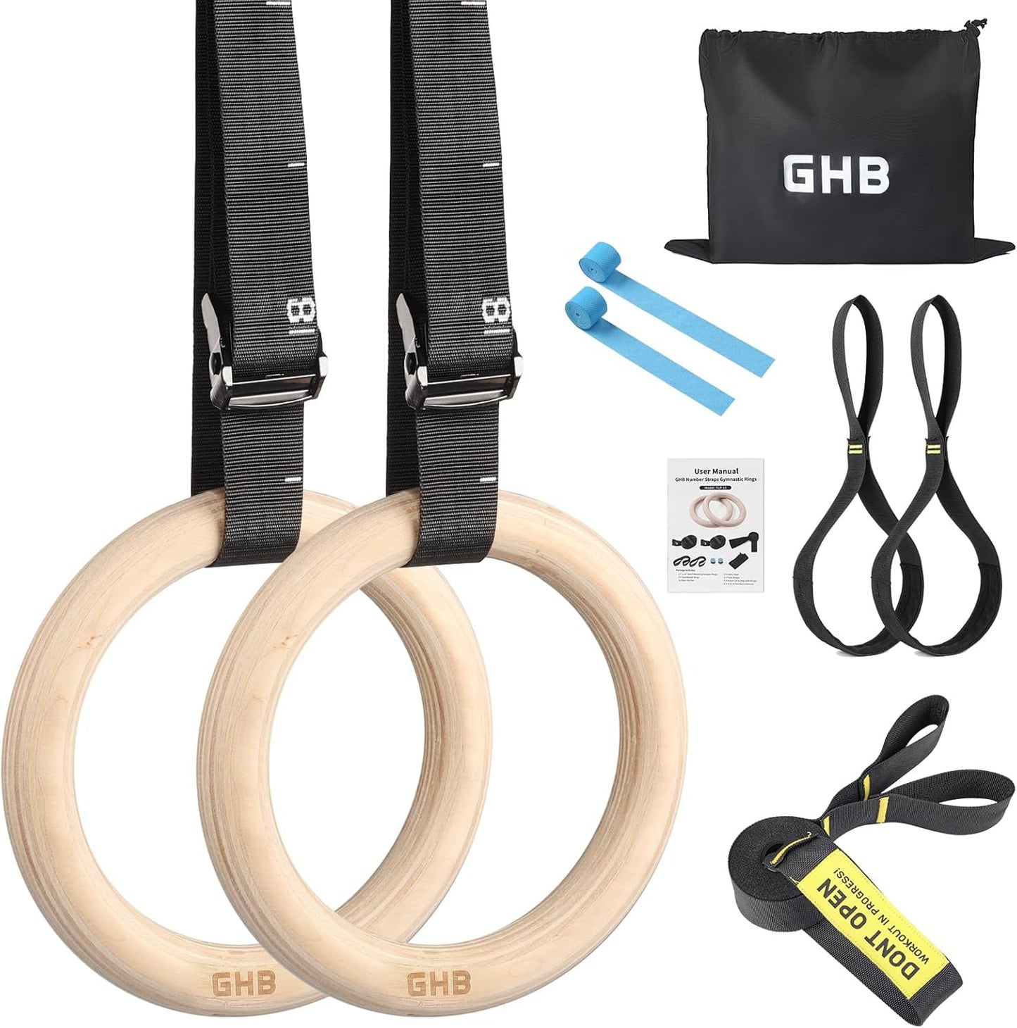 GHB 1.25" Olympic Rings Wooden Gymnastic Rings - Adjustable Straps, Workout Rings for Bodyweight Fitness