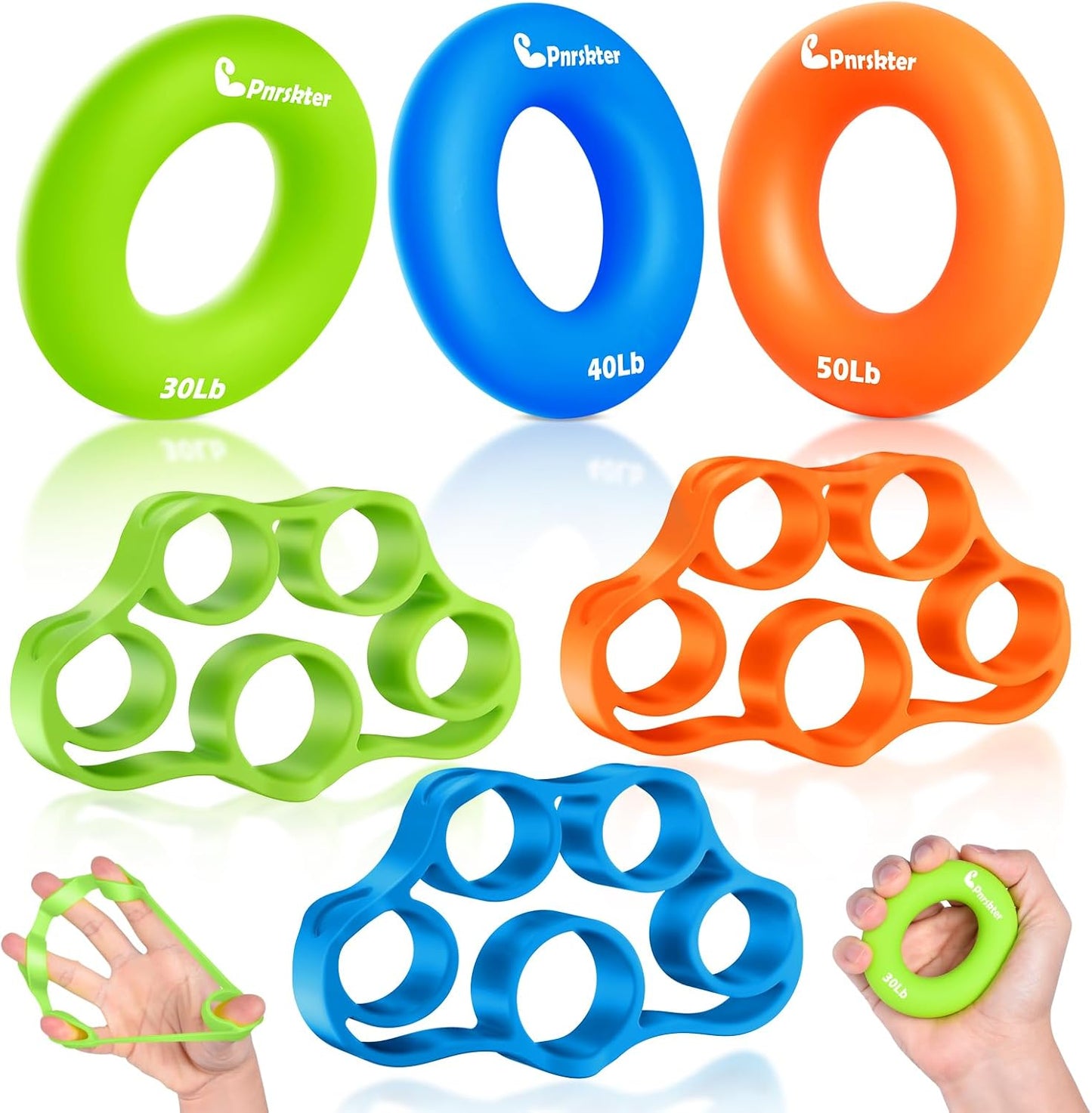 Hand Grip Strengthener, Finger Exerciser, 6-Pc Set, Silicone