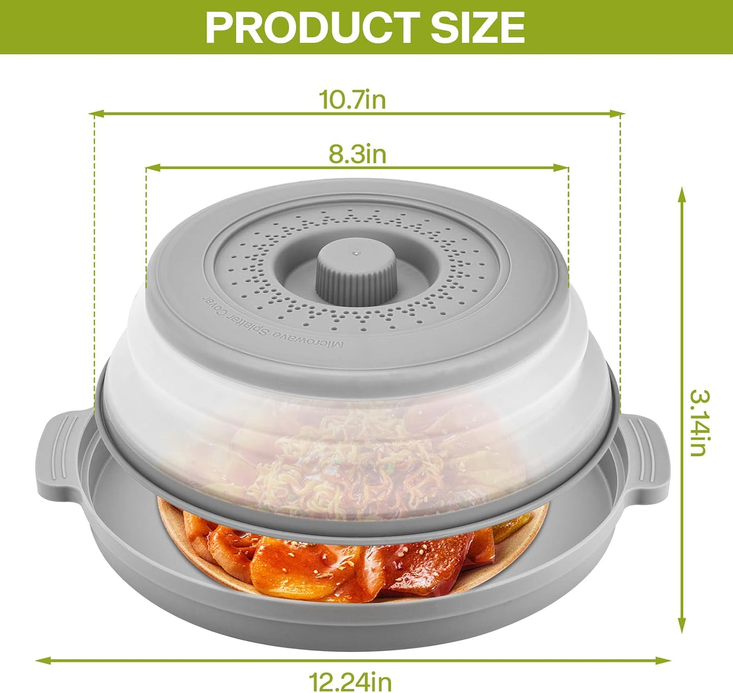 Microwave Splatter Cover for Food with Anti-Scald Base Plate and Handles, Large BPA-Free Silicone Vented Collapsible Guard Lid, Kitchen Essential Gadget for Meal Prep, 10.7 Inch(gray)
