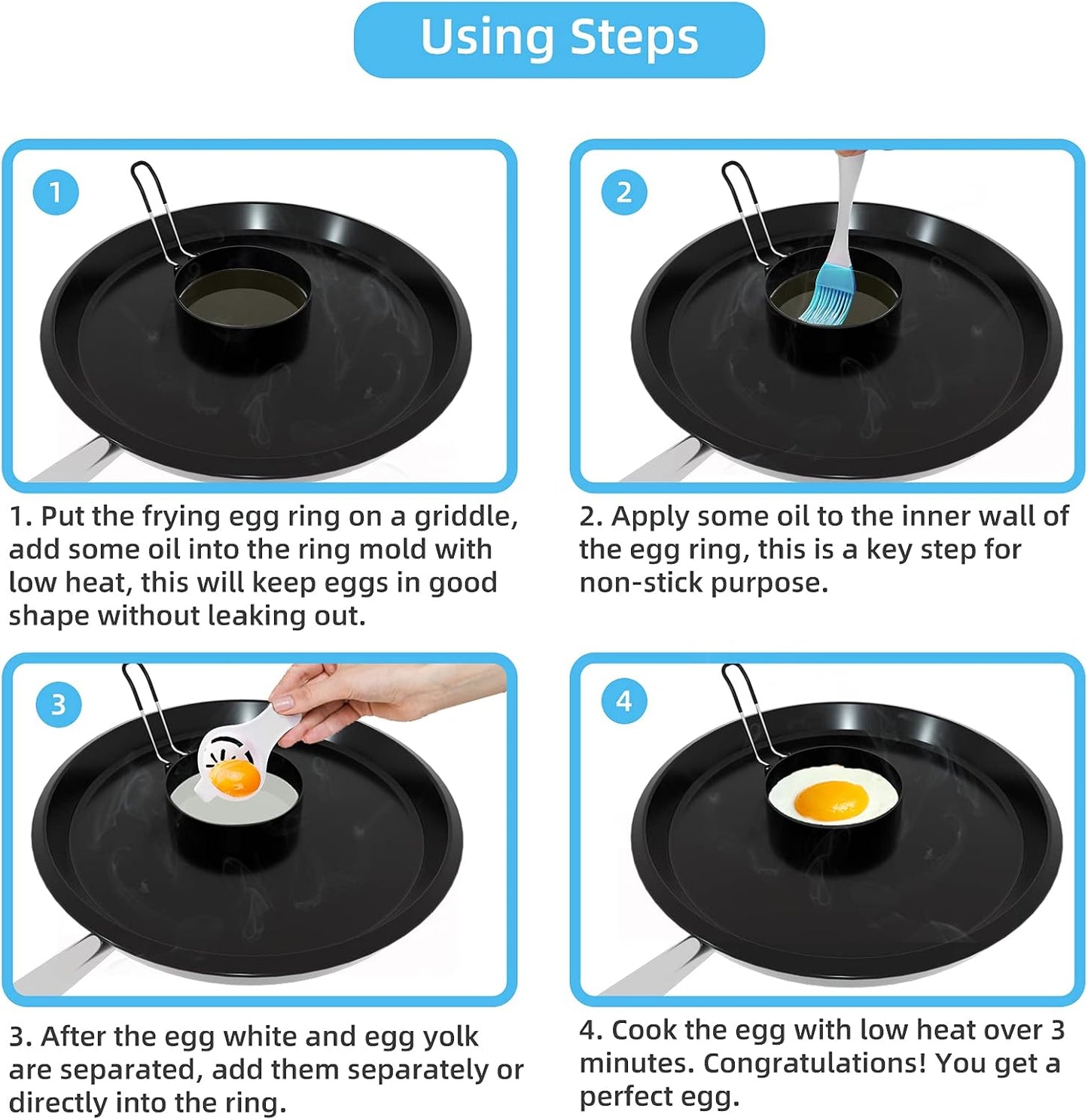 4 Pack 3.5 Inch Nonstick Stainless Steel Egg Rings for Frying Eggs | Round Griddle Cooking Molds with Oil Brush & Egg Separator for Pancake, Egg Sandwich and English Muffin Breakfast Making