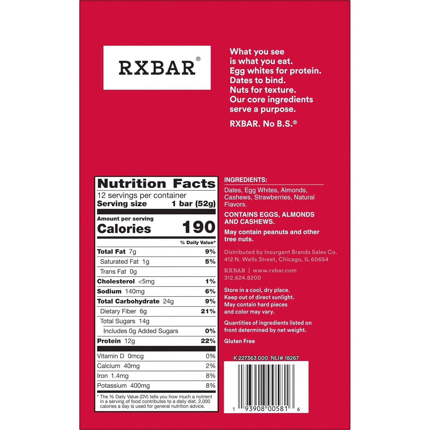 RXBAR Protein Bars, 12g Protein, Gluten Free Snacks, Strawberry, 12 Count Box