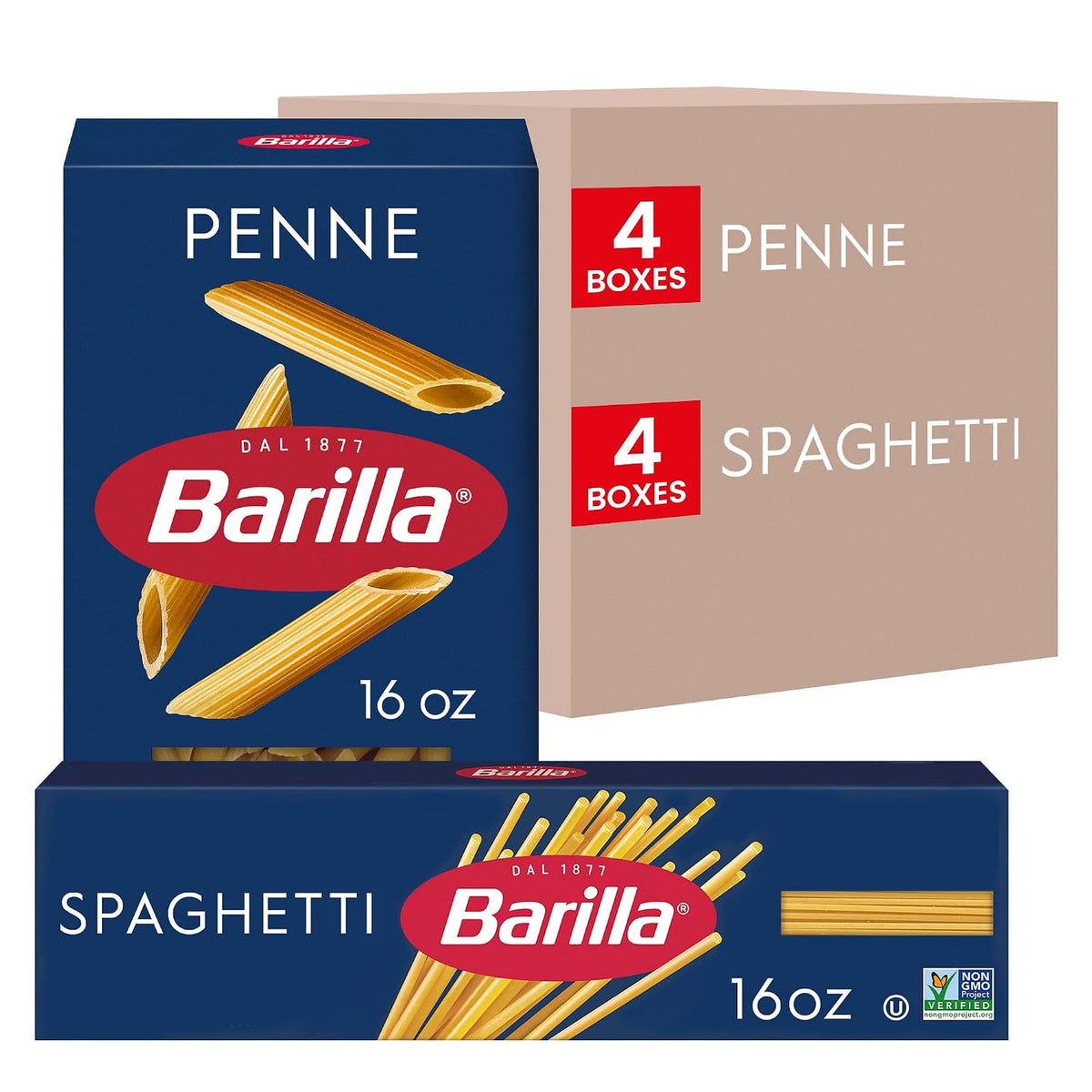 Barilla Penne & Spaghetti Pasta Variety Pack, 16 oz. Boxes (Pack of 8) - Non-GMO, Made with Durum Wheat Semolina - Kosher Certified