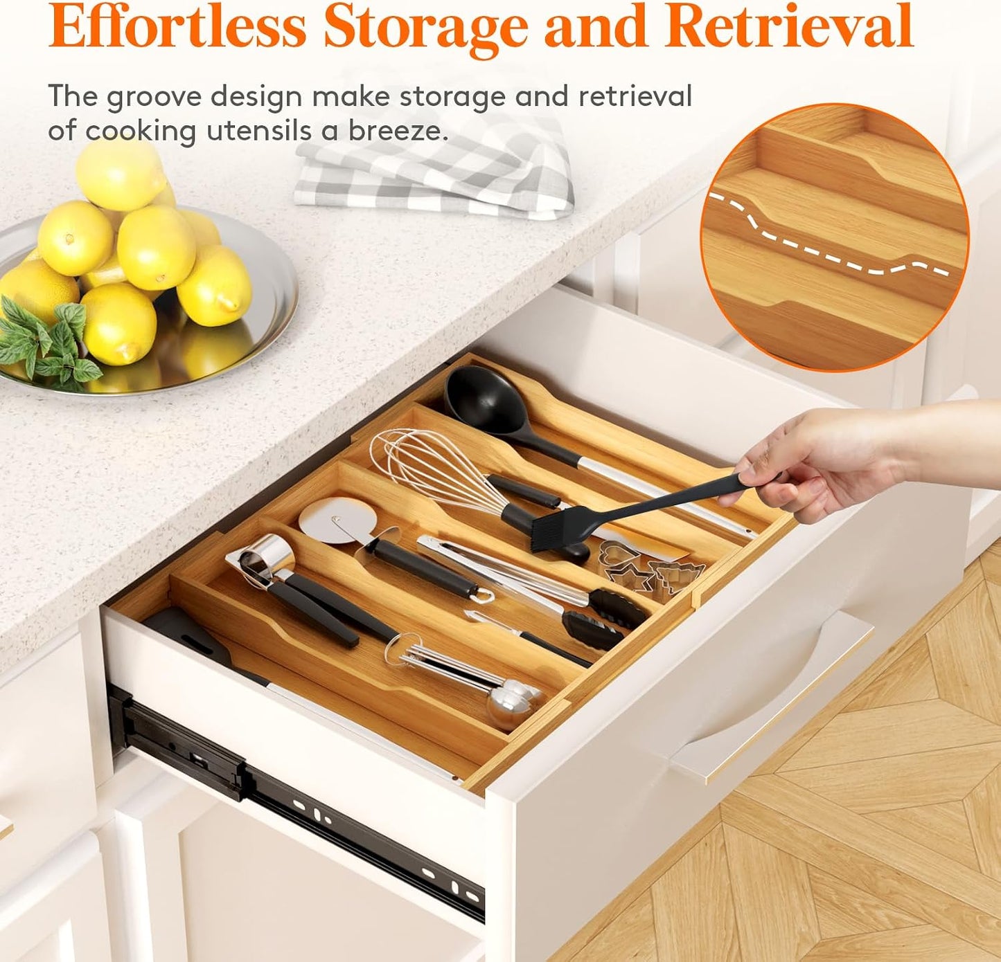 Lifewit Utensil Organizer for Kitchen Drawer, Expandable Cooking Utensil Tray, Cutlery Silverware Flatware Holder, Wood Adjustable Spatula Tools Storage Divider, 12.6-22.8x14/ 32-58x35.6cm, Natural