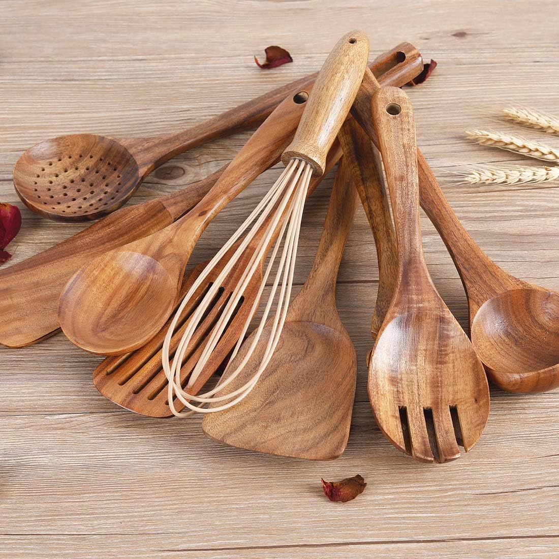 AIUHI 11-Piece Natural Teak Wood Kitchen Utensil Set with Holder, Wooden Spoons and Cooking Utensils for Nonstick Cookware, Includes Spatulas, Ladle and Whisk