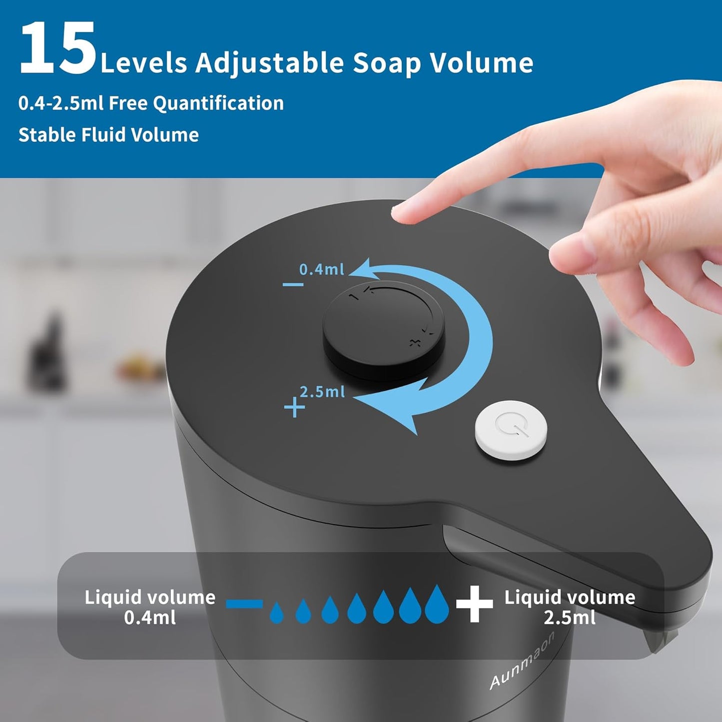 Aunmaon Automatic Soap Dispenser Touchless,15-Level,Kitchen Bath Black | Hands-Free,15-Level Dial Control,Thick & Thin Soap Compatible,Long Battery Life,Easy for Toddlers,Wall Mountable