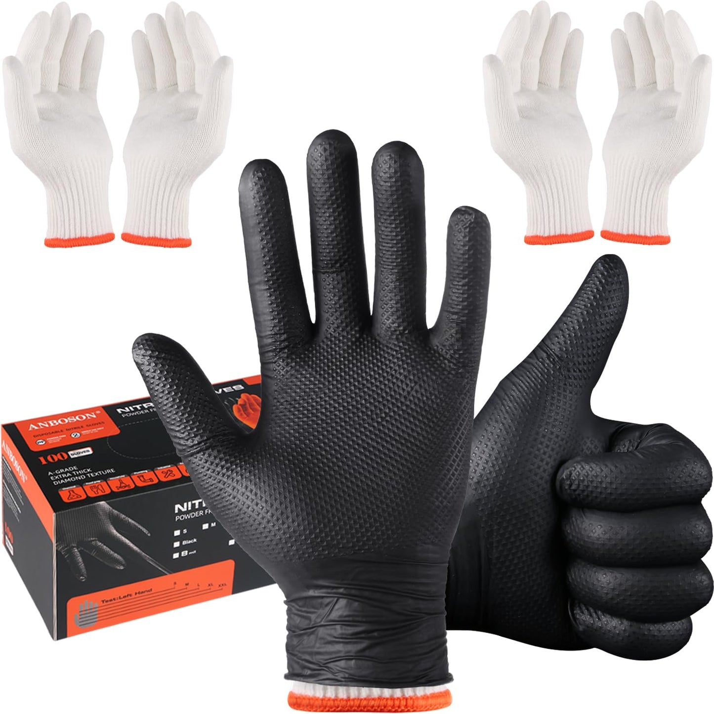 ANBOSON BBQ Gloves Disposable, Heat Resistant Grilling Gloves for Cooking | 10Mil Heavy Duty Nitrile Gloves-100Ct &4 Cotton Liners for Meat Handling Smoker for Hot Food Prep,Non-Slip Grip,Large,Black