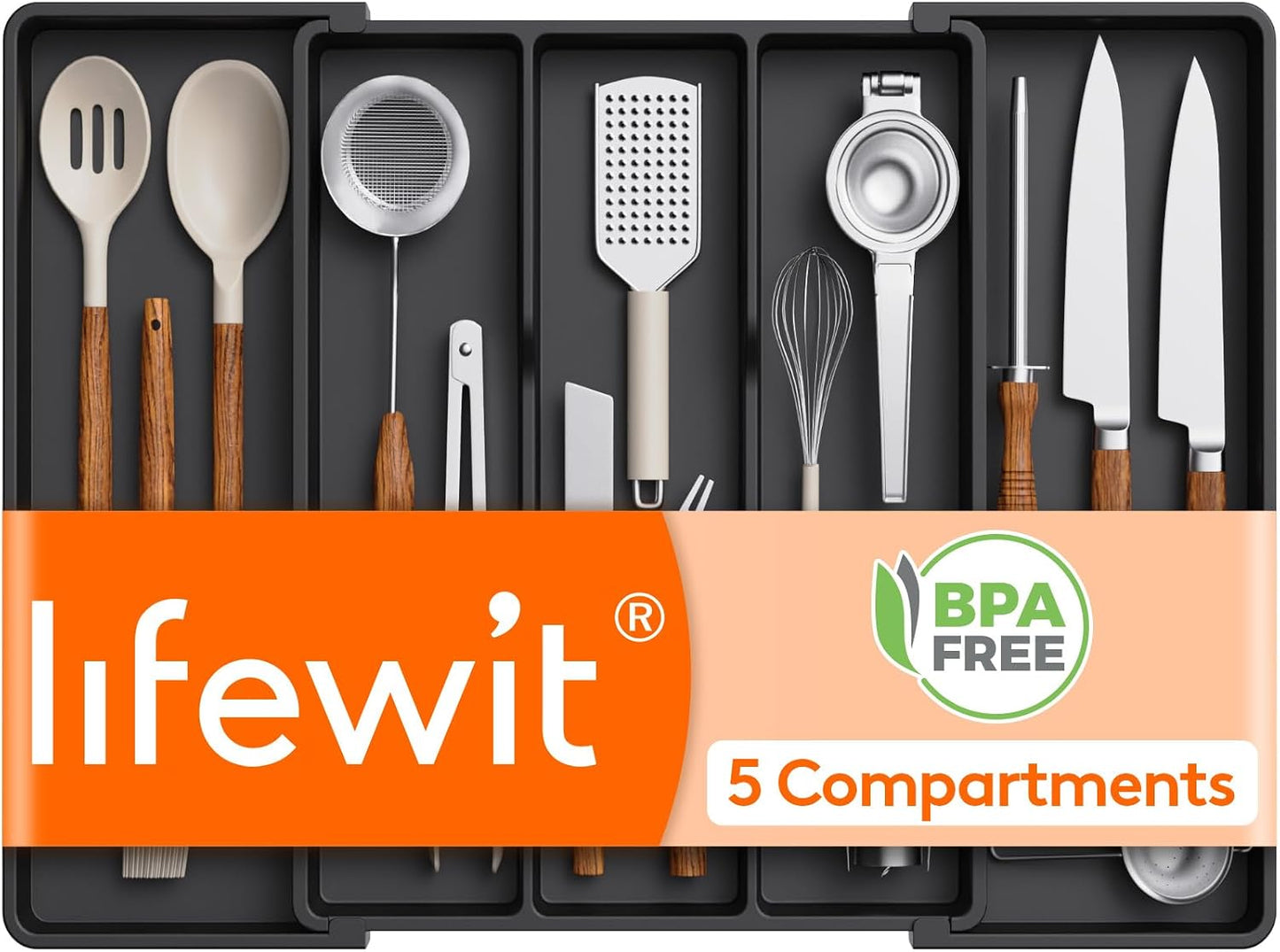 Lifewit Utensil Organizer for Kitchen Drawers, Expandable Cooking Utensil Tray, Adjustable Cutlery Silverware Flatware Holder, Plastic Spatula Tools Storage Divider, 13-22 x 15", Black