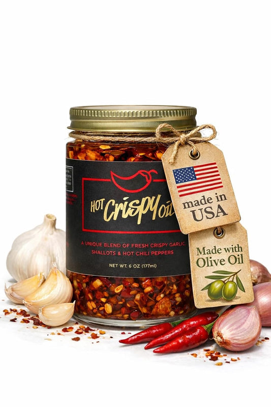 Hot Crispy Oil - Spicy Chili Crisp Blend of Olive Oil, Fresh Crispy Garlic, Shallots & Hot Chili Peppers - 6 fl oz - Mild Heat - Original - Made in USA