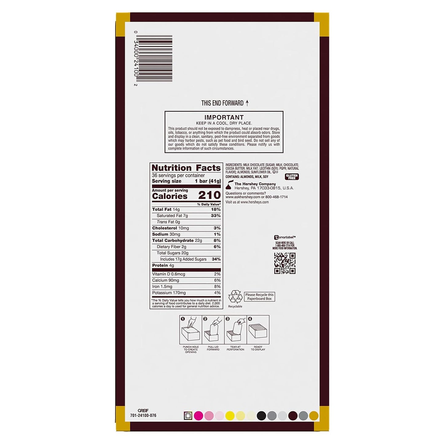 HERSHEY'S Milk Chocolate with Whole Almonds Candy Bars, 1.45 oz (36 Count)