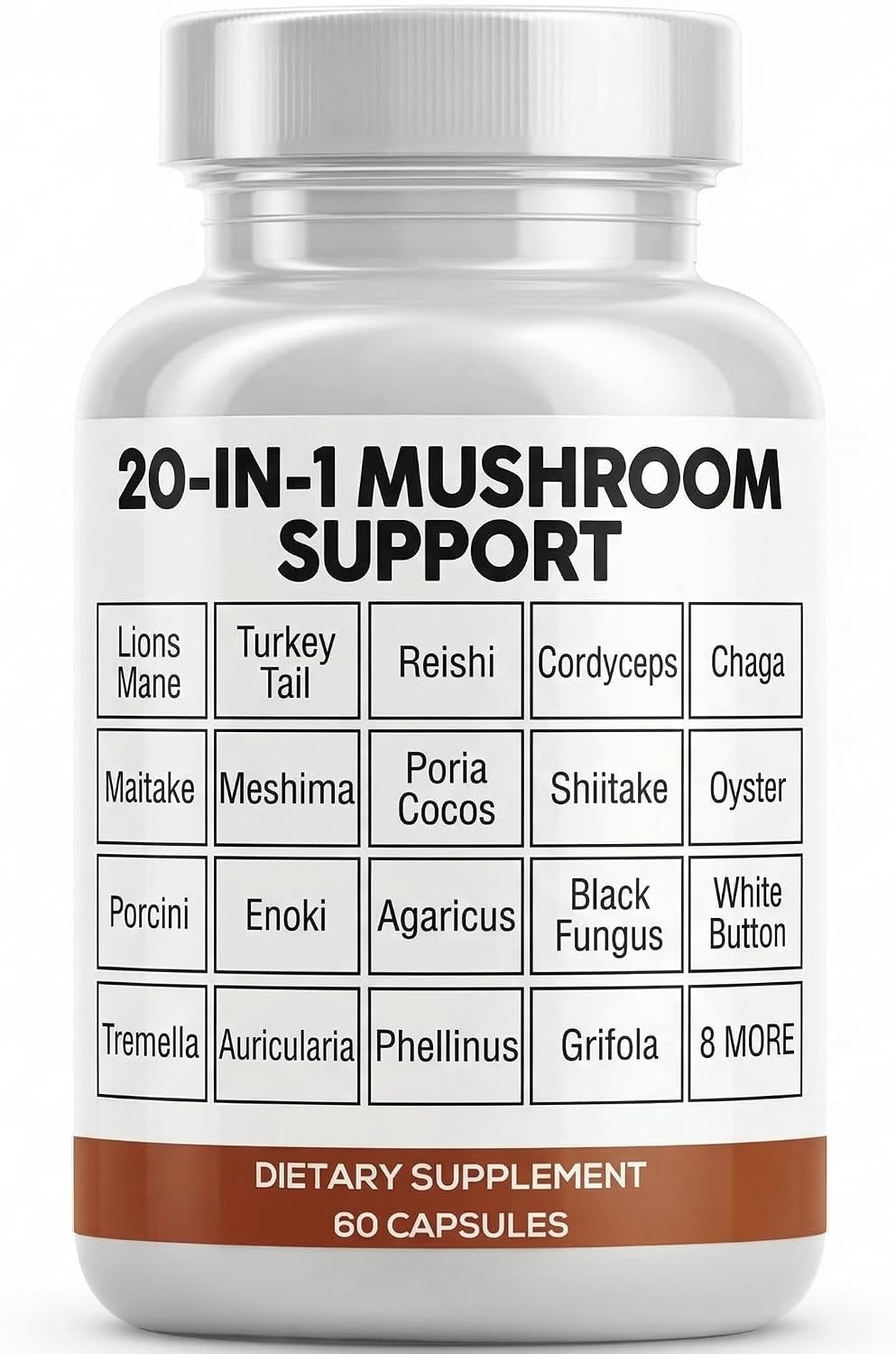 Clean Nutraceuticals Lions Mane 20in1 Mushroom Supplement with Turkey Tail Reishi Cordyceps Chaga Maitake Meshima Poria Cocos Shiitake Oyster Porcini Enoki - 1 Pack