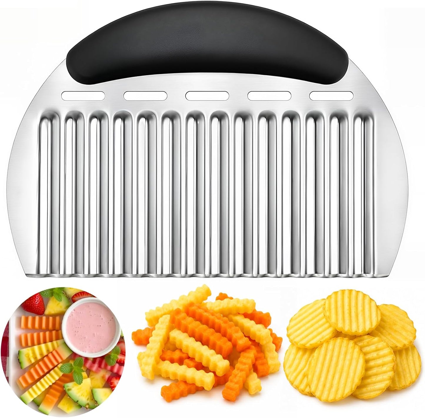 JAYVAR Large Crinkle Cutter French Fry Cutter, Stainless Steel Wavy Slicer | Large Crinkle Potato Slicer Wavy Chopper, Crinkle Cutting Chopping Tools with Handle