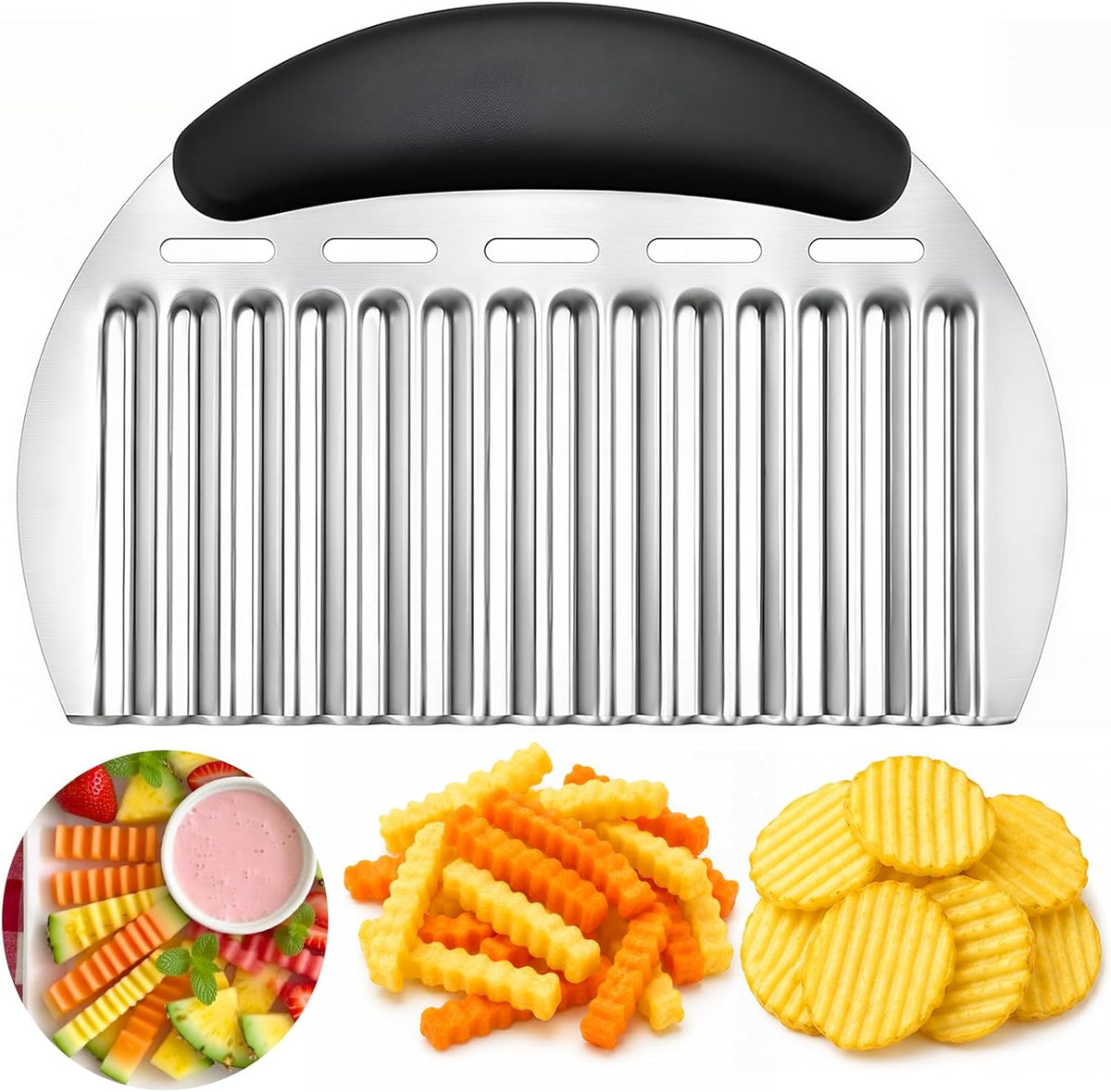 JAYVAR Large Crinkle Cutter French Fry Cutter, Stainless Steel Wavy Slicer | Large Crinkle Potato Slicer Wavy Chopper, Crinkle Cutting Chopping Tools with Handle