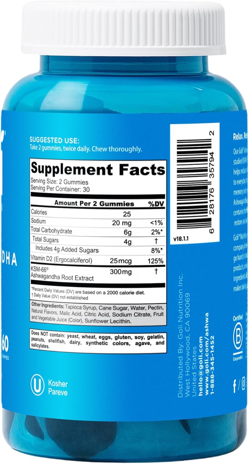 Goli Ashwagandha & Vitamin D Gummy - 60 Count - Mixed Berry, KSM-66, Vegan, Plant Based, Non-GMO, Gluten-Free & Gelatin Free Relax. Restore. Unwind, Pack of 1
