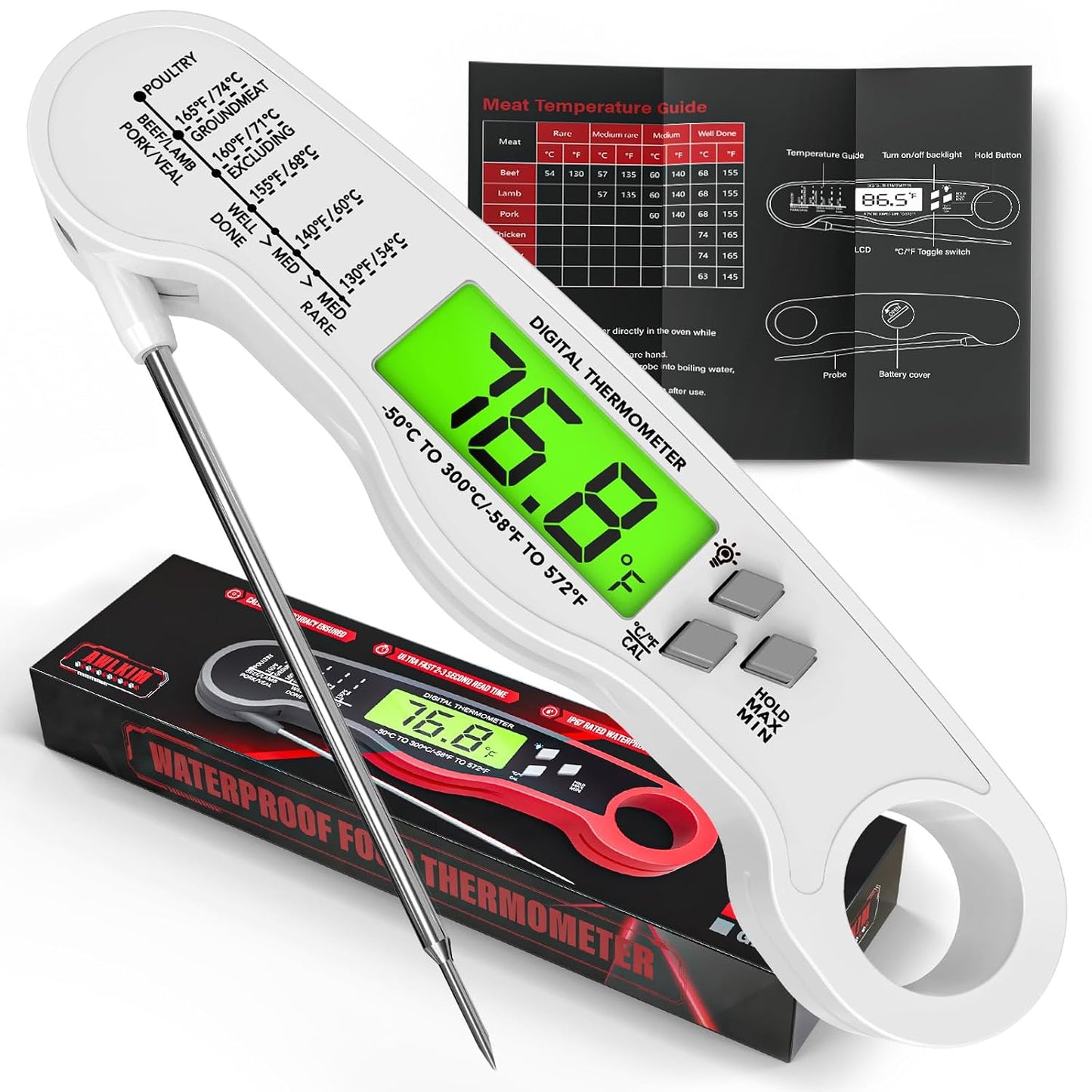 AWLKIM Meat Thermometer Digital, Instant Read Food Thermometer, Red | Waterproof cooking thermometer with doneness chart, backlight, F/C switch for BBQ, candy, oil