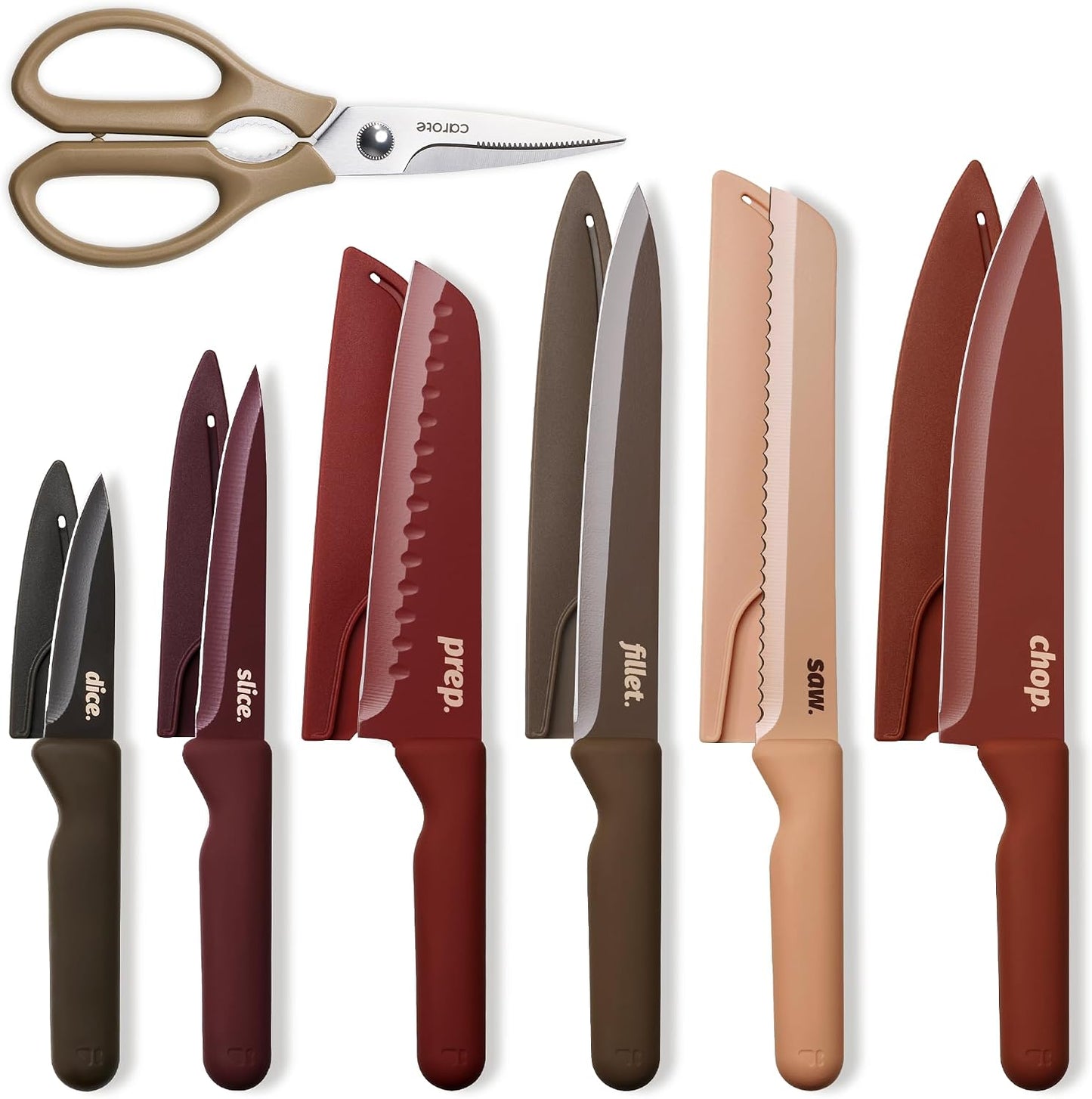 CAROTE Kitchen Knife Set, 6 Floral Knives with 6 Blade Guards, 12-Piece | Stainless Steel Blades, Ceramic Nonstick Coating, Long-Lasting Sharpness, Rust-Resistant, Non-Slip, Dishwasher Safe