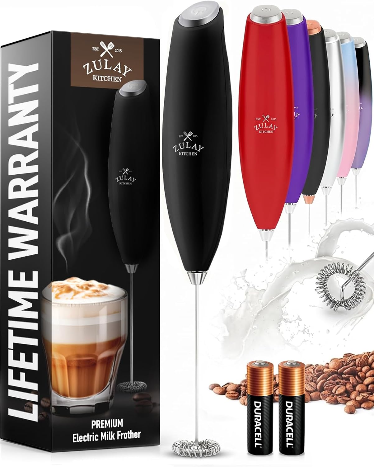 Zulay Kitchen Milk Frother Handheld Electric Whisk – Frother Wand with 2 Duracell Batteries, Durable Drink Mixer, Coffee Frother, Hand Blender, Frother for Protein Powder, Matcha & More - Black