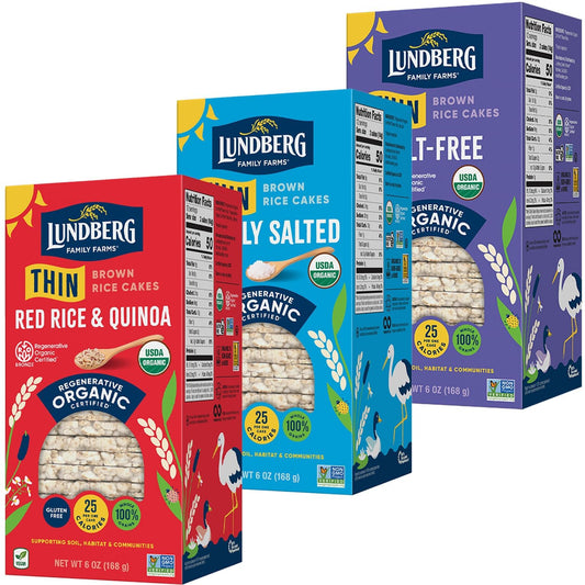 Lundberg Thin Brown Rice Cakes Variety 3-Pack, Regenerative Organic Certified, 6 Oz Ea