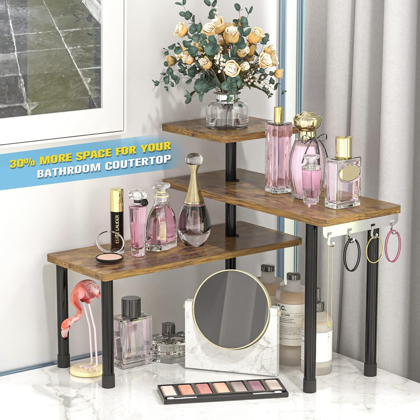 JayRex Kitchen Countertop Organizer 3-Tier Corner Shelf, Rustic Brown | Space-saving corner design organizes spices, skincare and toiletries on kitchen and bathroom counters.