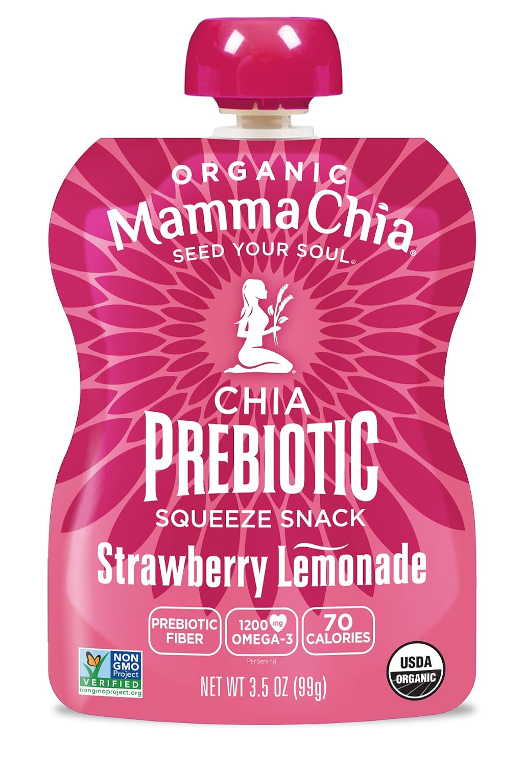 Mamma Chia Organic Prebiotic Squeeze Snack, Strawberry Lemonade, 16- 3.5 Ounce , Fiber-Rich Prebiotic Gut Support, USDA Organic, Non-GMO, Vegan, Gluten Free (Pack of 16)