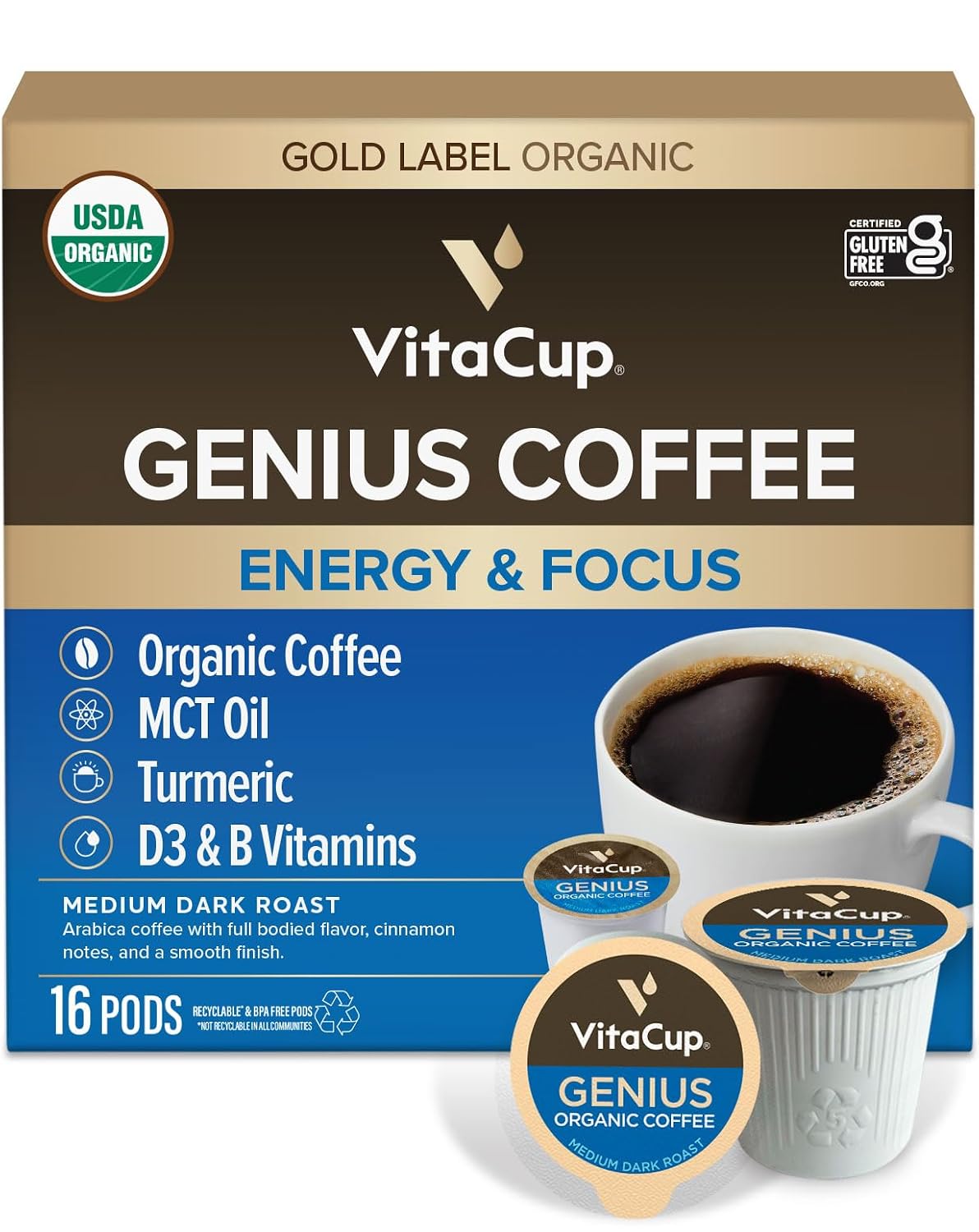 VitaCup Organic Keto Coffee Pods, Single Serve Compatible with Keurig K-Cup Brewers, 16 Count
