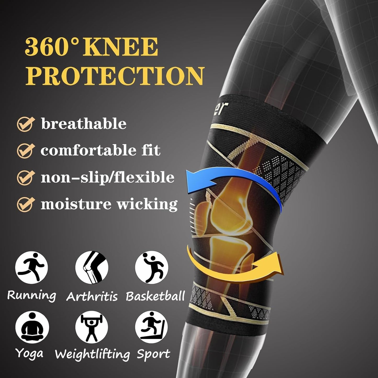 Copper Knee Braces with Strap for Knee Pain Relief, 2 Pack, Medium Size