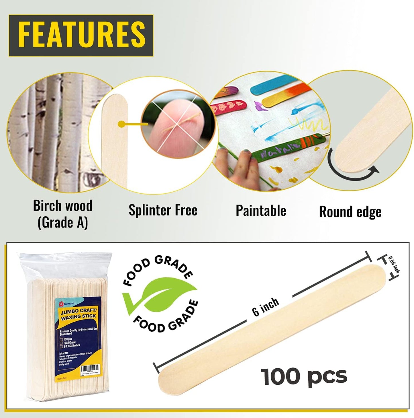 100 Piece Large Jumbo Wooden Craft Sticks (6" x 3/4"), Premium Natural Organic Wood for Waxing, Craft Project, Tongue Depressor, Popsicle, Ice Cream Stick,Woodcraft, Paint Stirrer and Art - Apremont