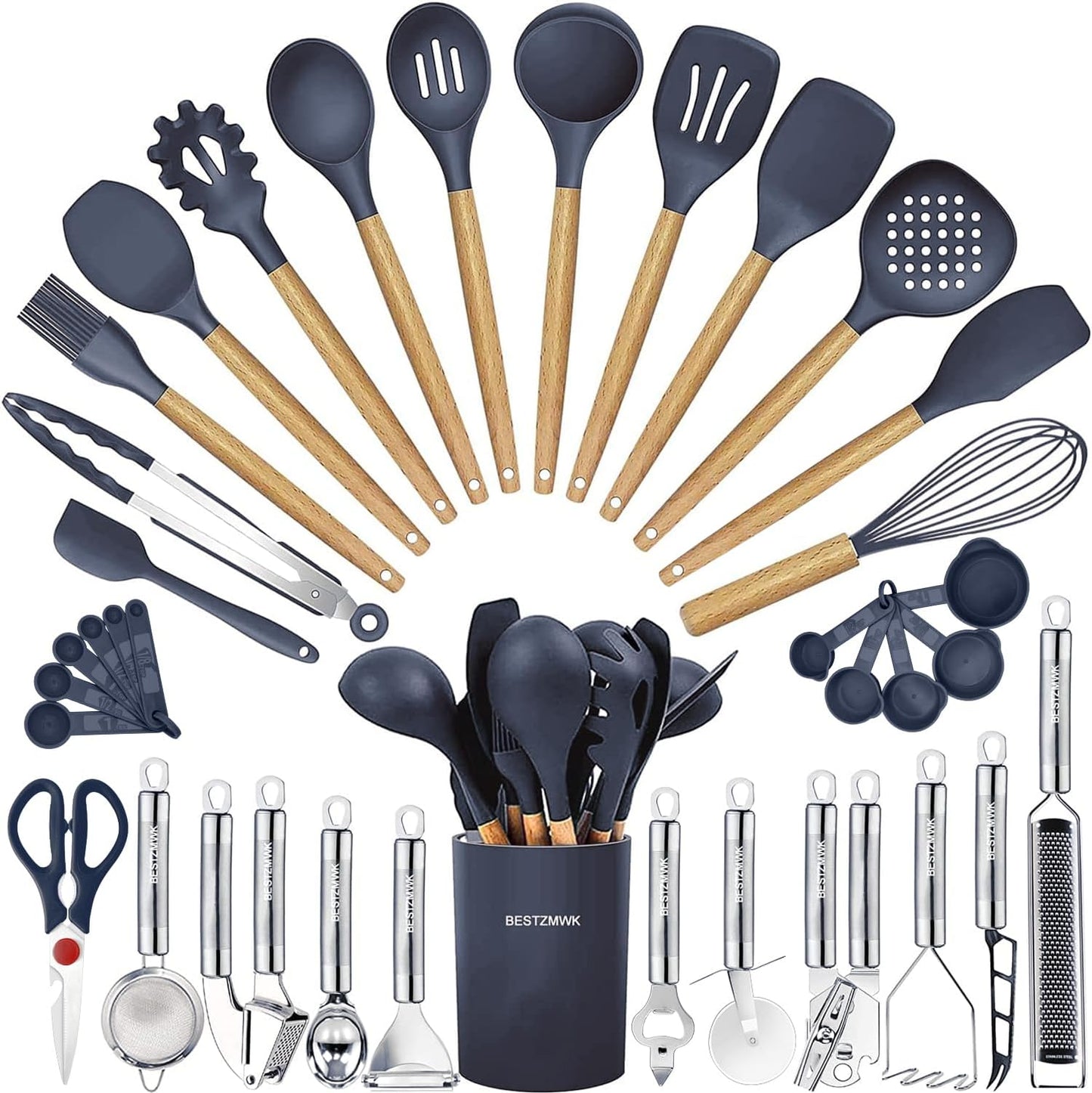 Cooking Utensils Set- 35 PCs Kitchen Utensils with Grater,Tongs, Spoon Spatula &Turner Made of Heat Resistant Food Grade Silicone and Wooden Handles Kitchen Gadgets Tools Set for Nonstick Cookware