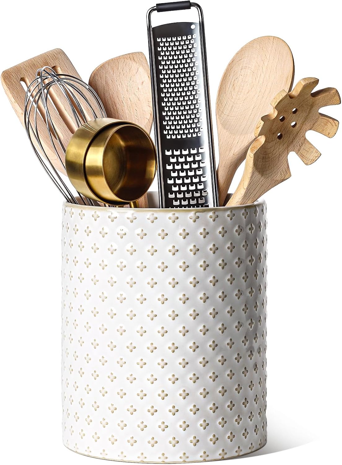 LE TAUCI Kitchen Utensil Holder Set of 2 - 6.9"+5.3" Large Ceramic Cooking Utensil Crock & Organizer for Spatula, Spoon, Whisk - Farmhouse Countertop Storage, Arctic White, Embossed, Bee
