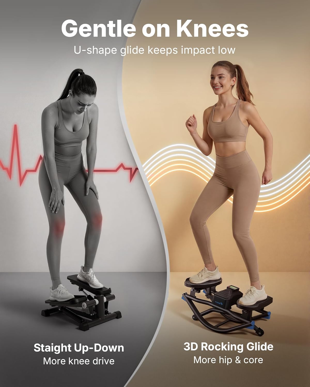 Merach 3D Motion Rocking Stepper with Resistance Bands - Low-Impact Home Workout Equipment