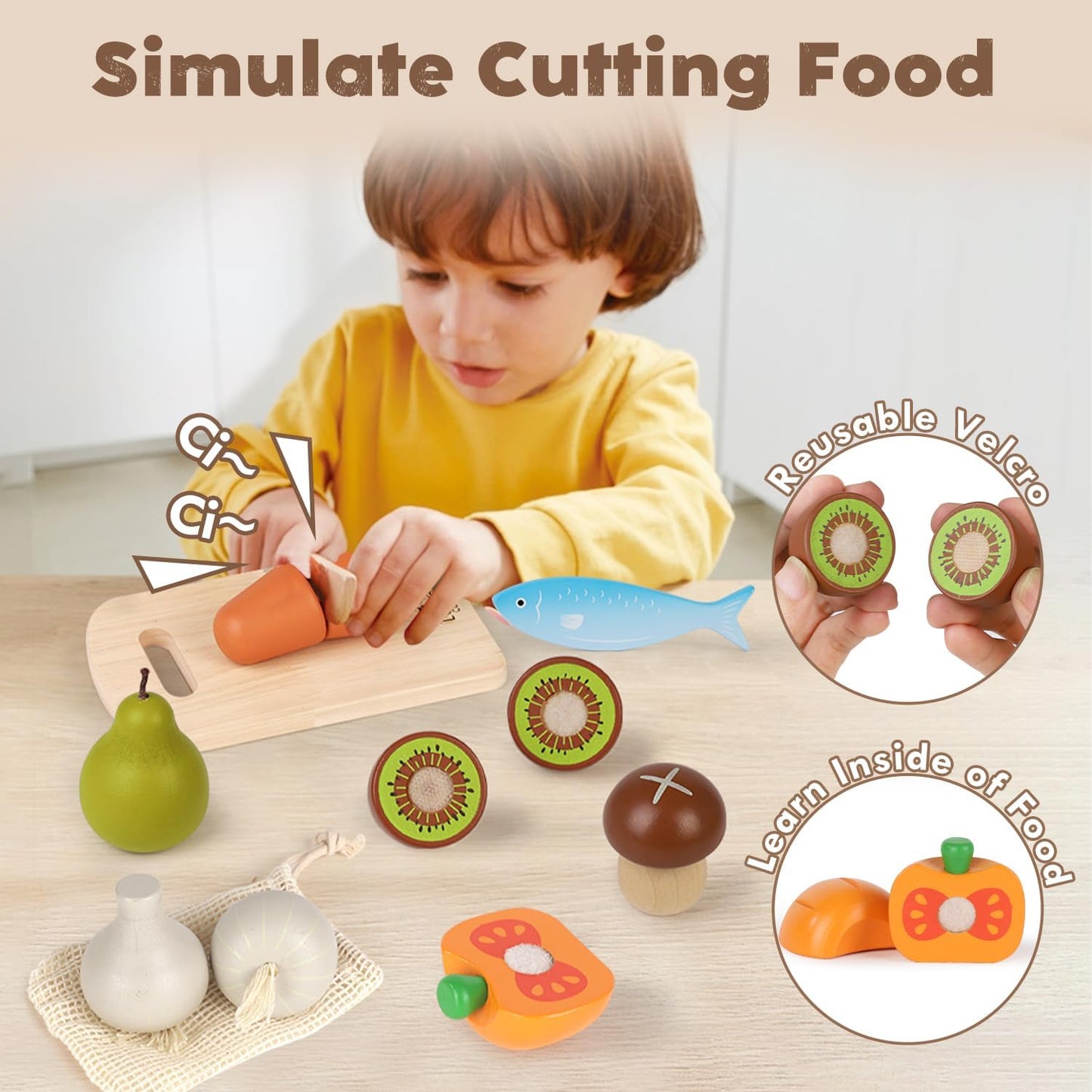 Lehoo Castle Wooden Play Food Sets for Kids Kitchen, Grocery Food Toys for Toddlers 3+ Year Old, Cutting Fruits Vegetables Meat Fish Shopping Bag, Pretend Play Kitchen Accessories Gift for Boys Girls